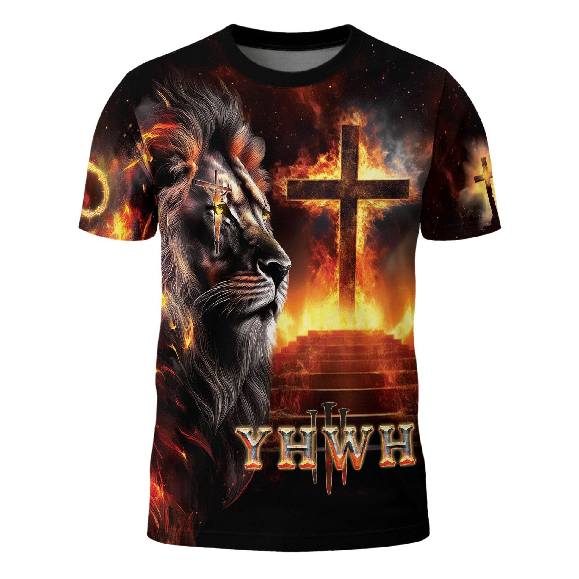 YHWH Fiery Lion of Judah & Burning Cross Christian T-Shirt - Rust Field Wear
