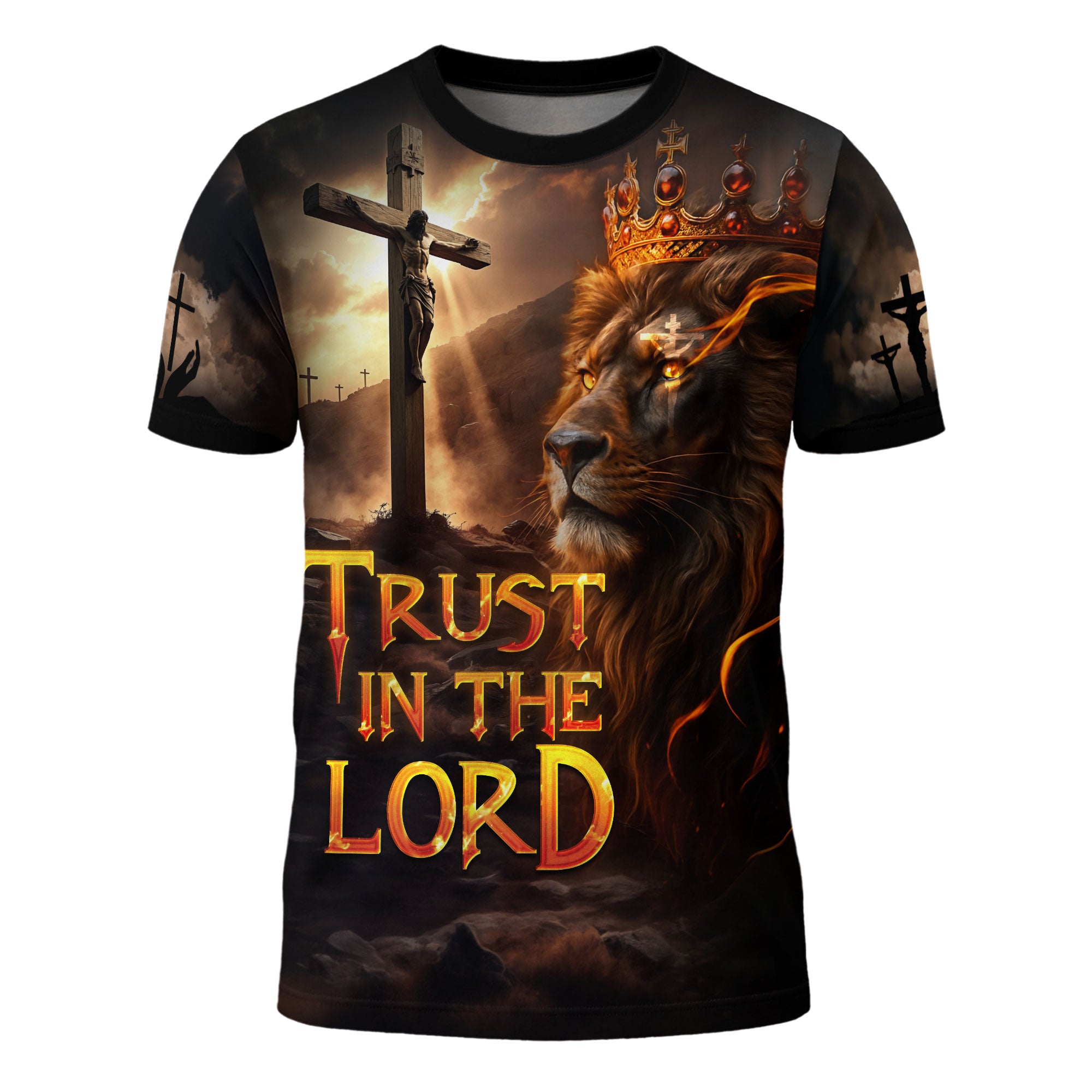 Trust In The Lord Fiery Cross Lion of Judah Christian Warrior T-Shirt