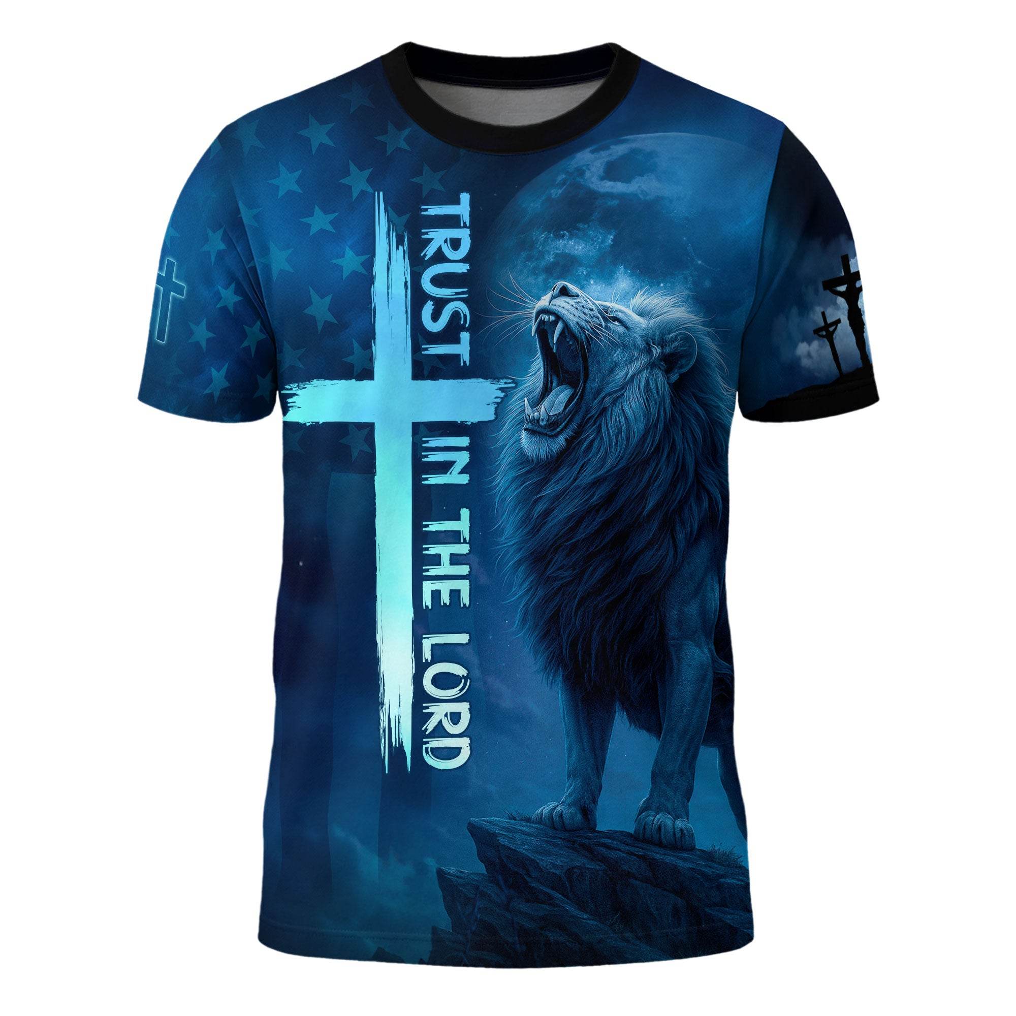 Trust In The Lord Blue Cross & Lion Design T-Shirt - Rust Field Wear