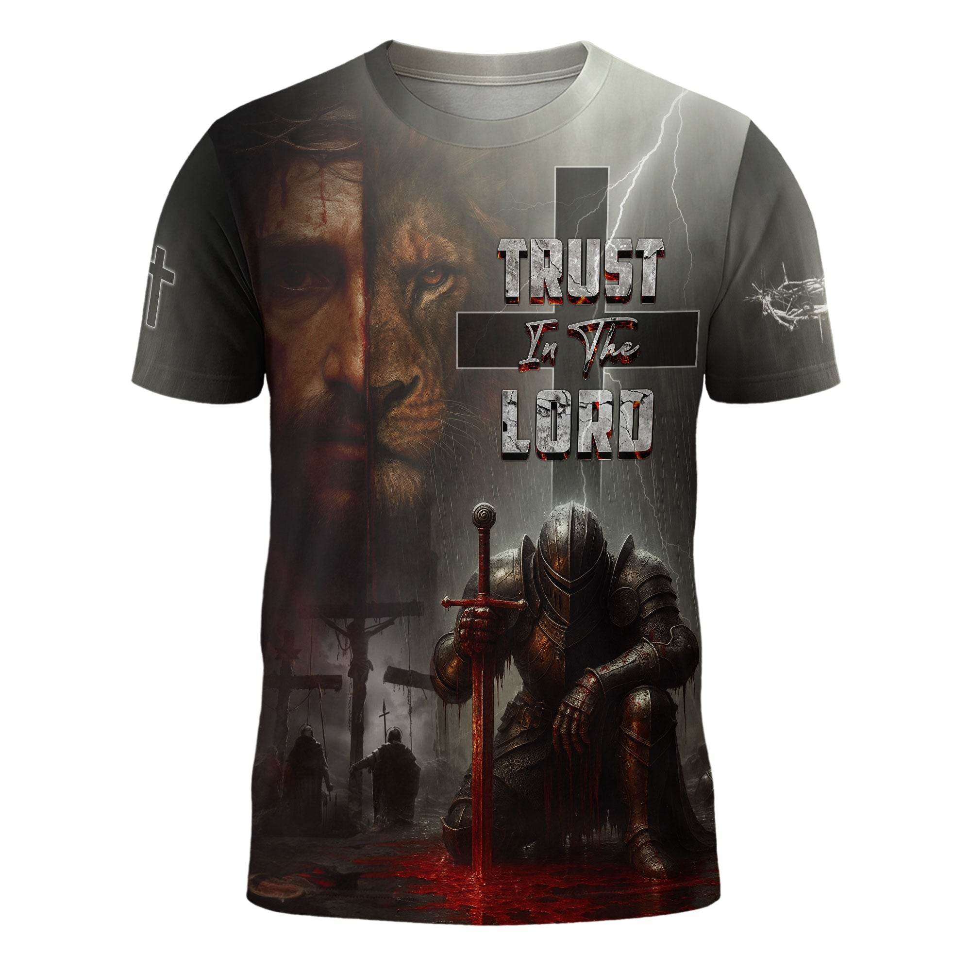 Trust In The Lord Knight & Lion Christian Cross T-Shirt - Rust Field Wear