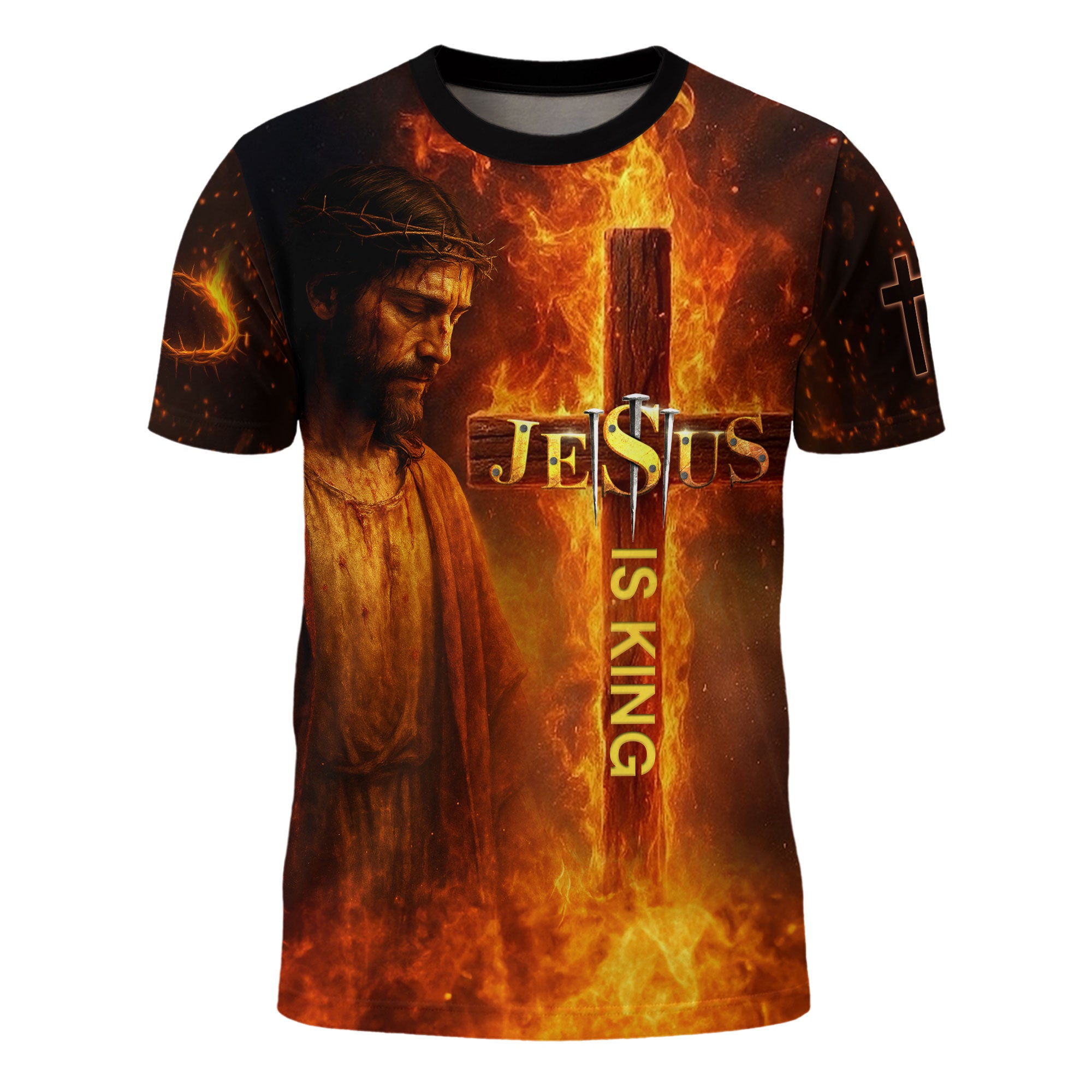 Jesus Is King Cross and Lion Fire Art T-Shirt