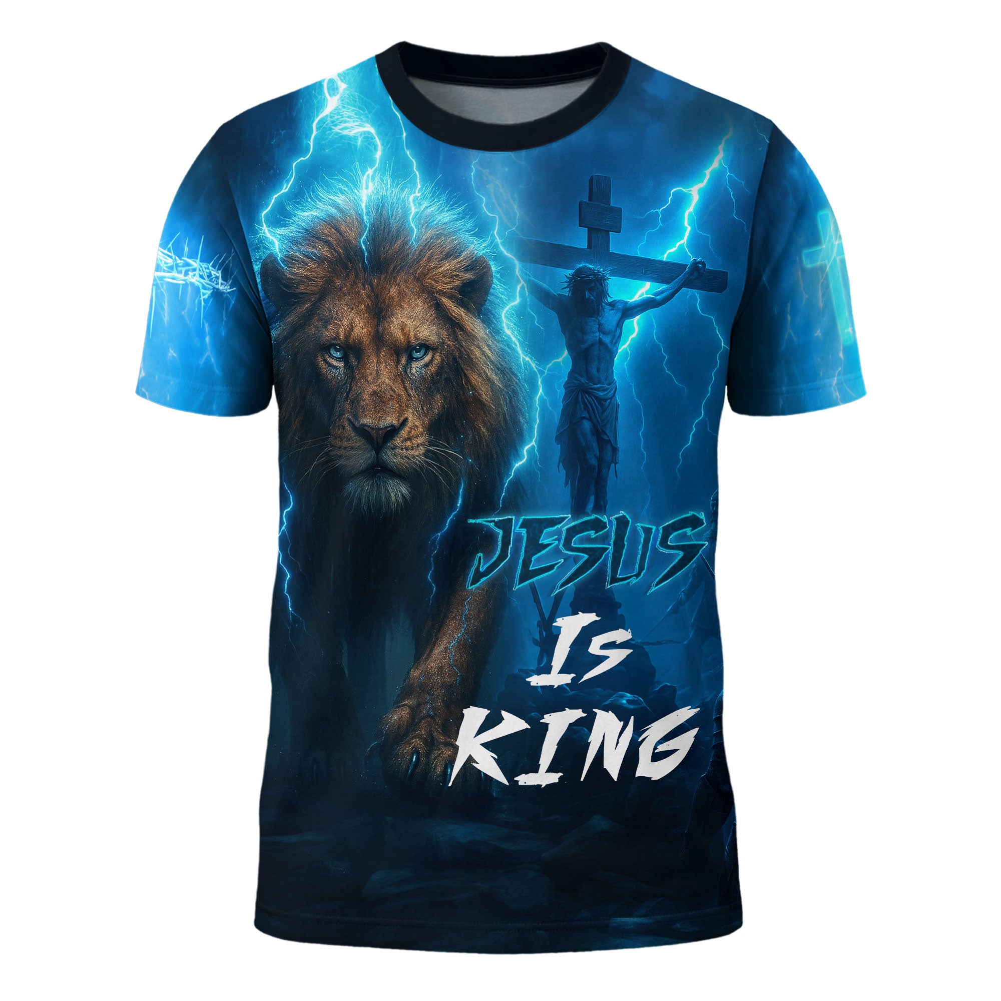 Jesus Is King Lightning Lion Cross Christian T-Shirt