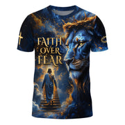 Faith Over Fear Blue Lion & Jesus Ascending Stairs Christian T-Shirt
