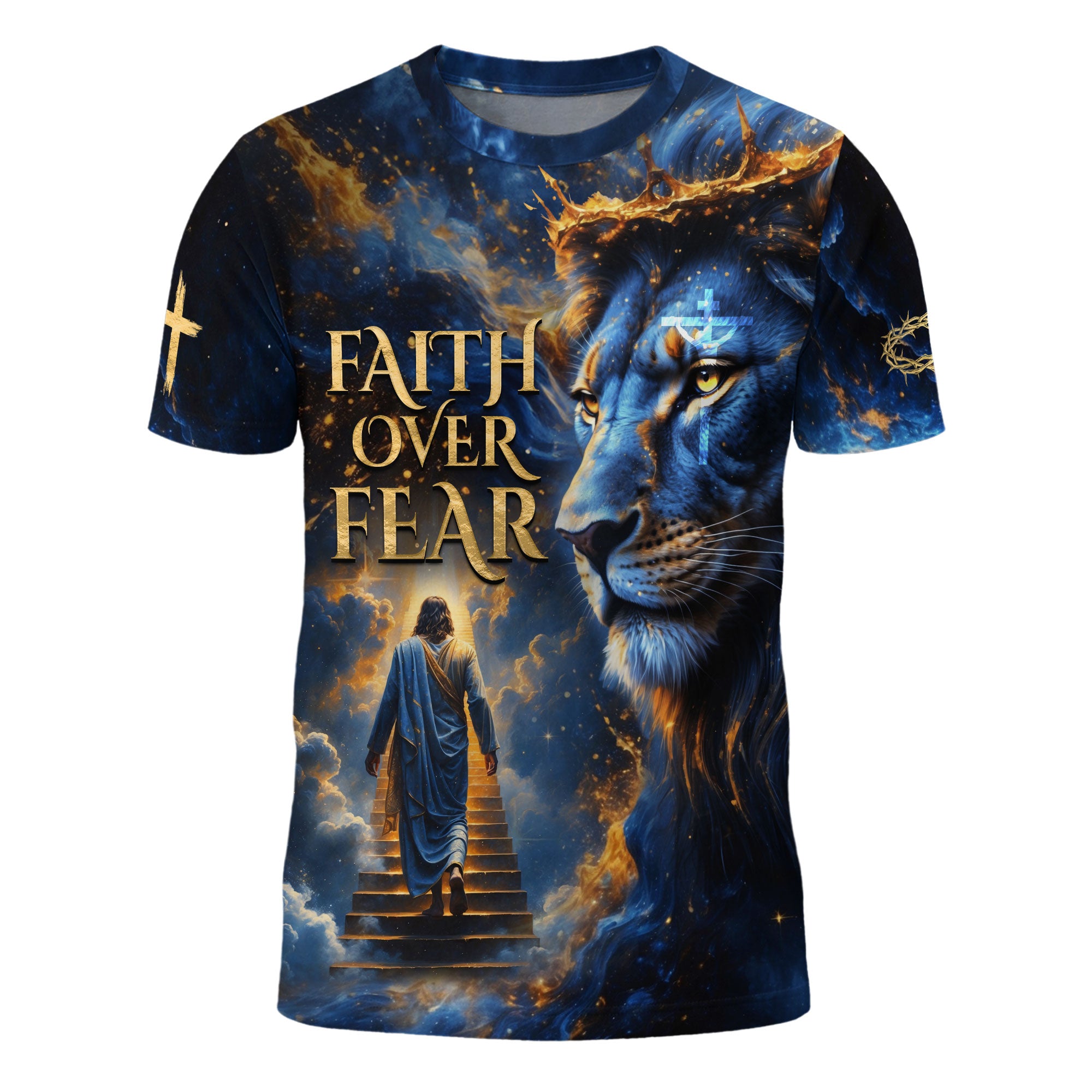 Faith Over Fear Blue Lion & Jesus Ascending Stairs Christian T-Shirt