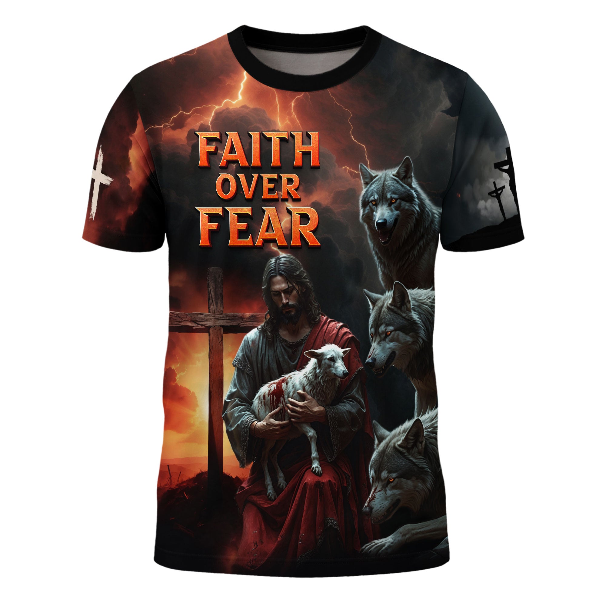 Faith Over Fear Jesus Protecting the Lamb Among Wolves Christian T-Shirt