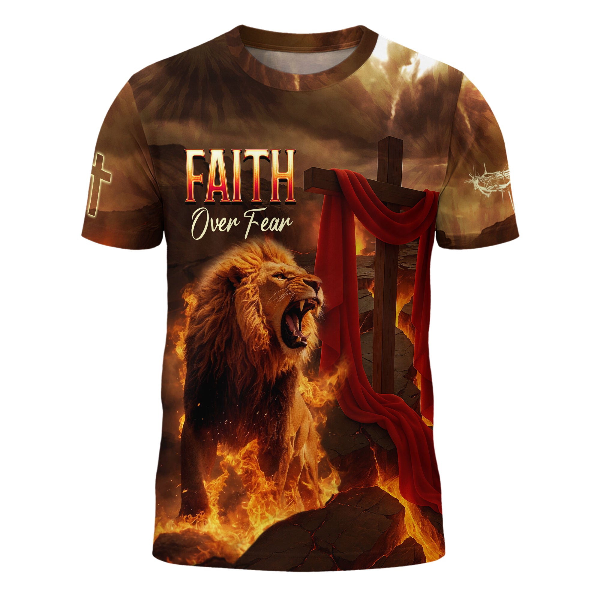 Faith Over Fear Lion & Cross in Flames Christian T-Shirt