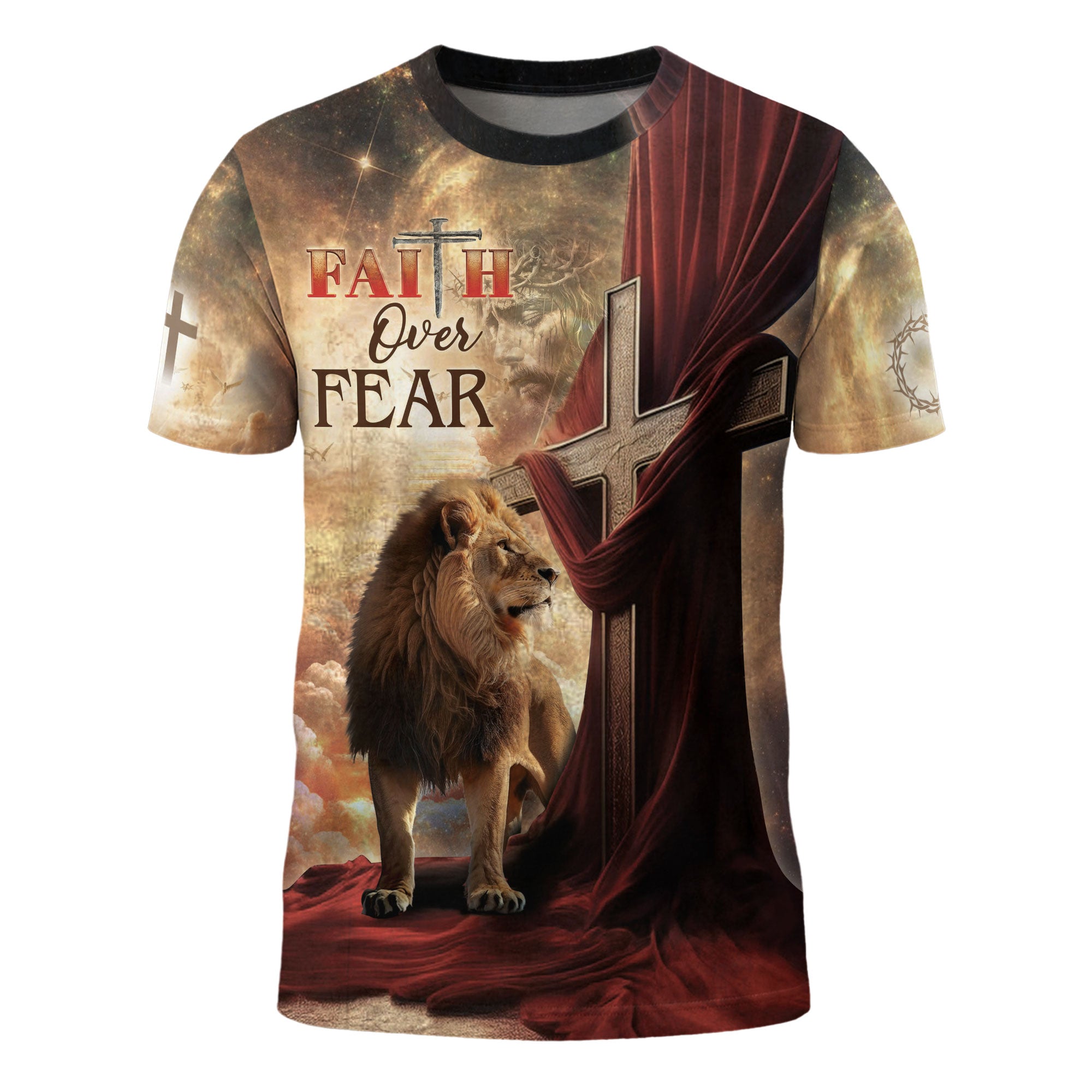 Faith Over Fear Lion and Cross Red Drape Christian T-Shirt