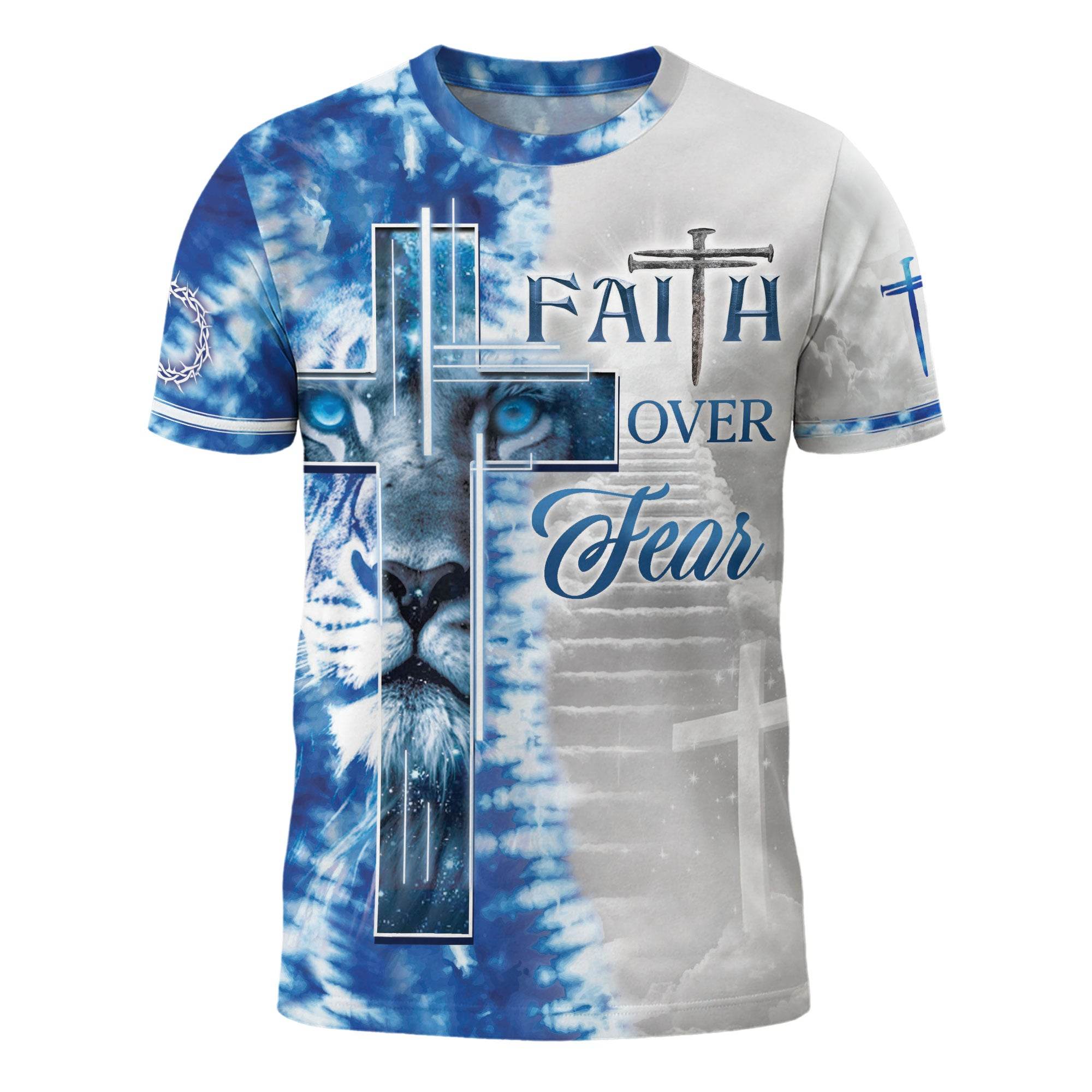 Faith Over Fear Blue Lion Cross Christian T-Shirt - Rust Field Wear