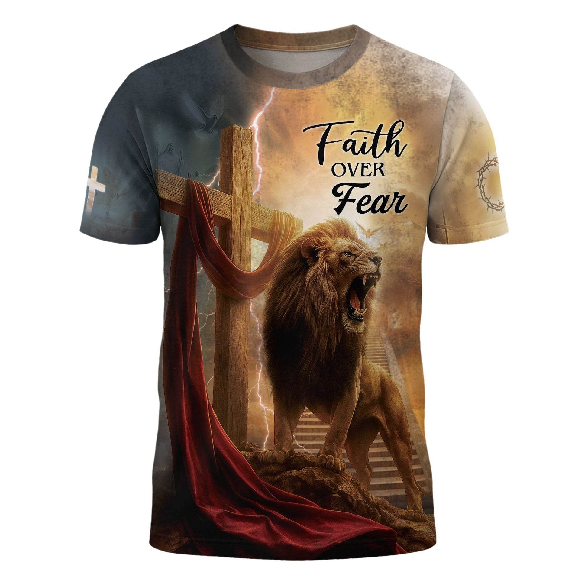 Faith Over Fear Lion Cross Christian T-Shirt - Rust Field Wear