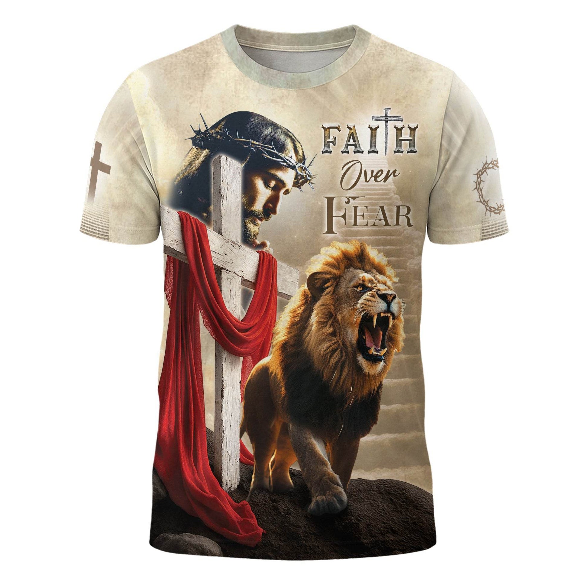 Faith Over Fear Jesus & Lion with Red Drape Christian T-Shirt - Rust Field Wear