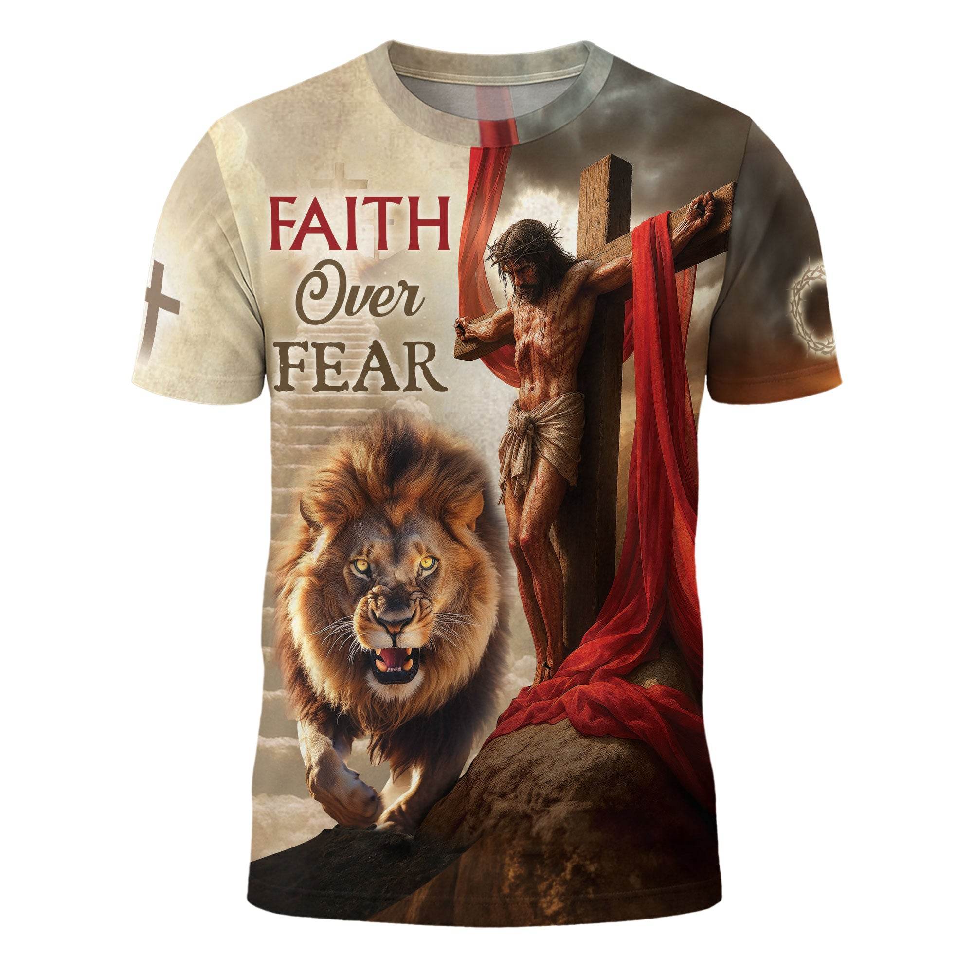 Faith Over Fear Jesus Lion & Cross Christian T-Shirt - Rust Field Wear