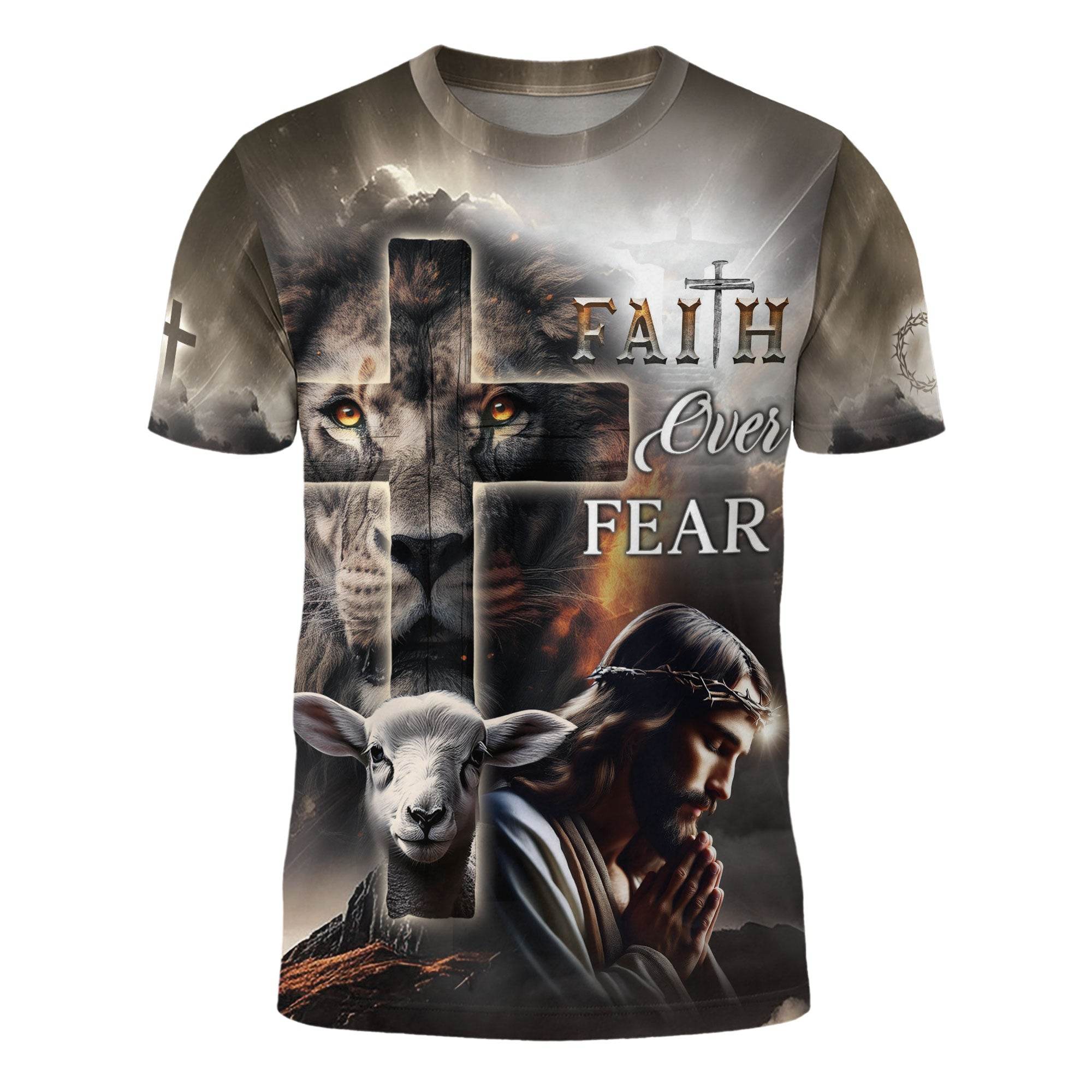 Faith Over Fear Lion Cross & Lamb Christian T-Shirt - Rust Field Wear