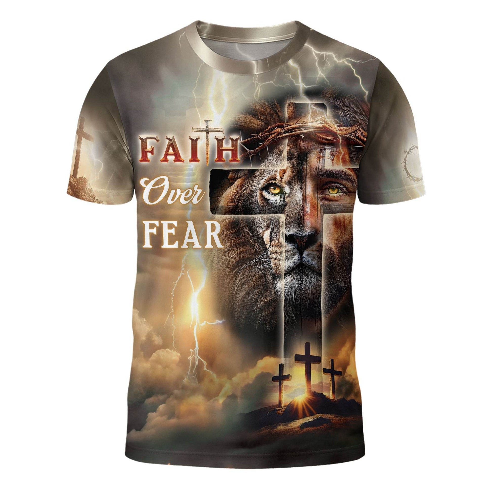 Faith Over Fear Lion & Cross Lightning Christian T-Shirt - Rust Field Wear
