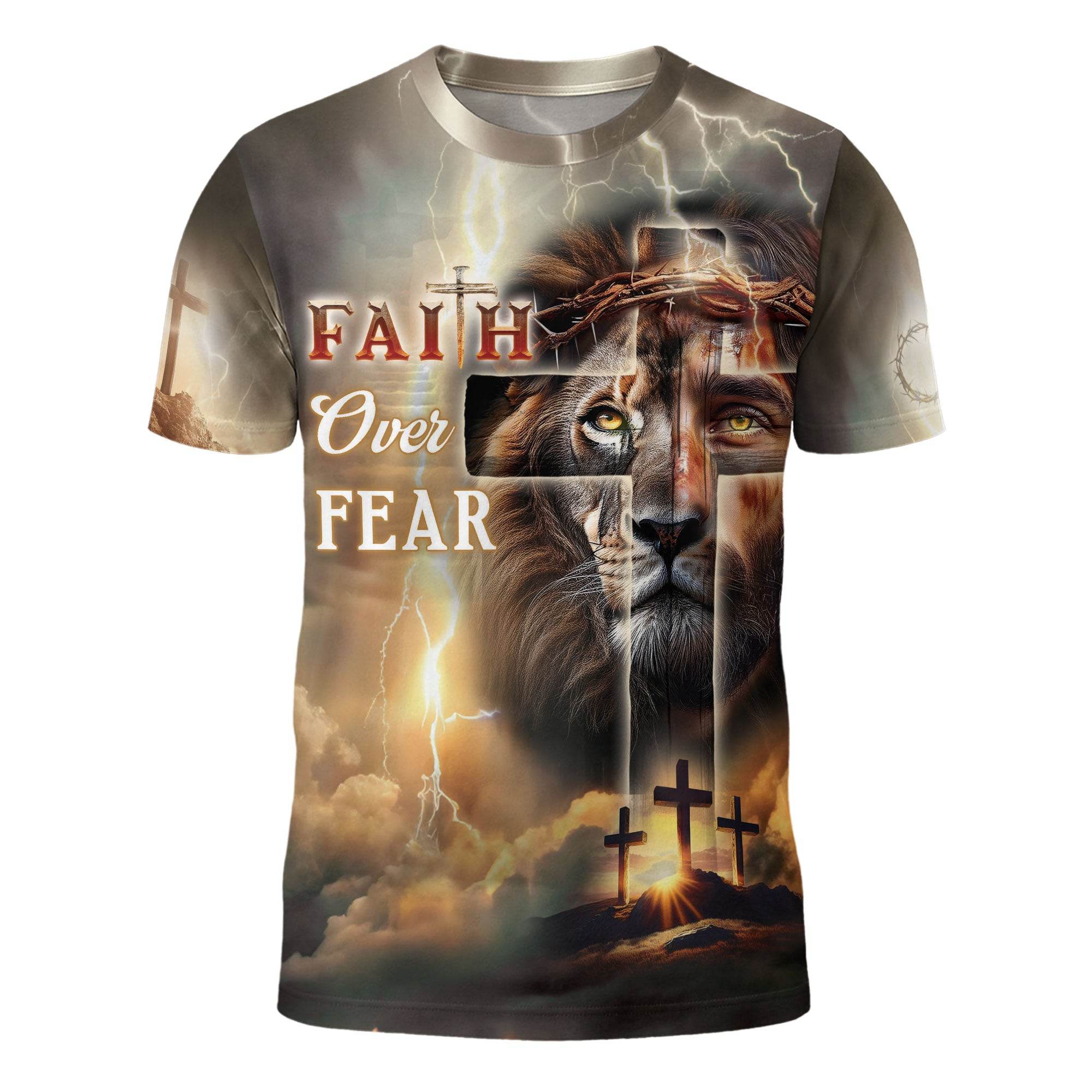 Faith Over Fear Lion & Cross Lightning Christian T-Shirt - Rust Field Wear