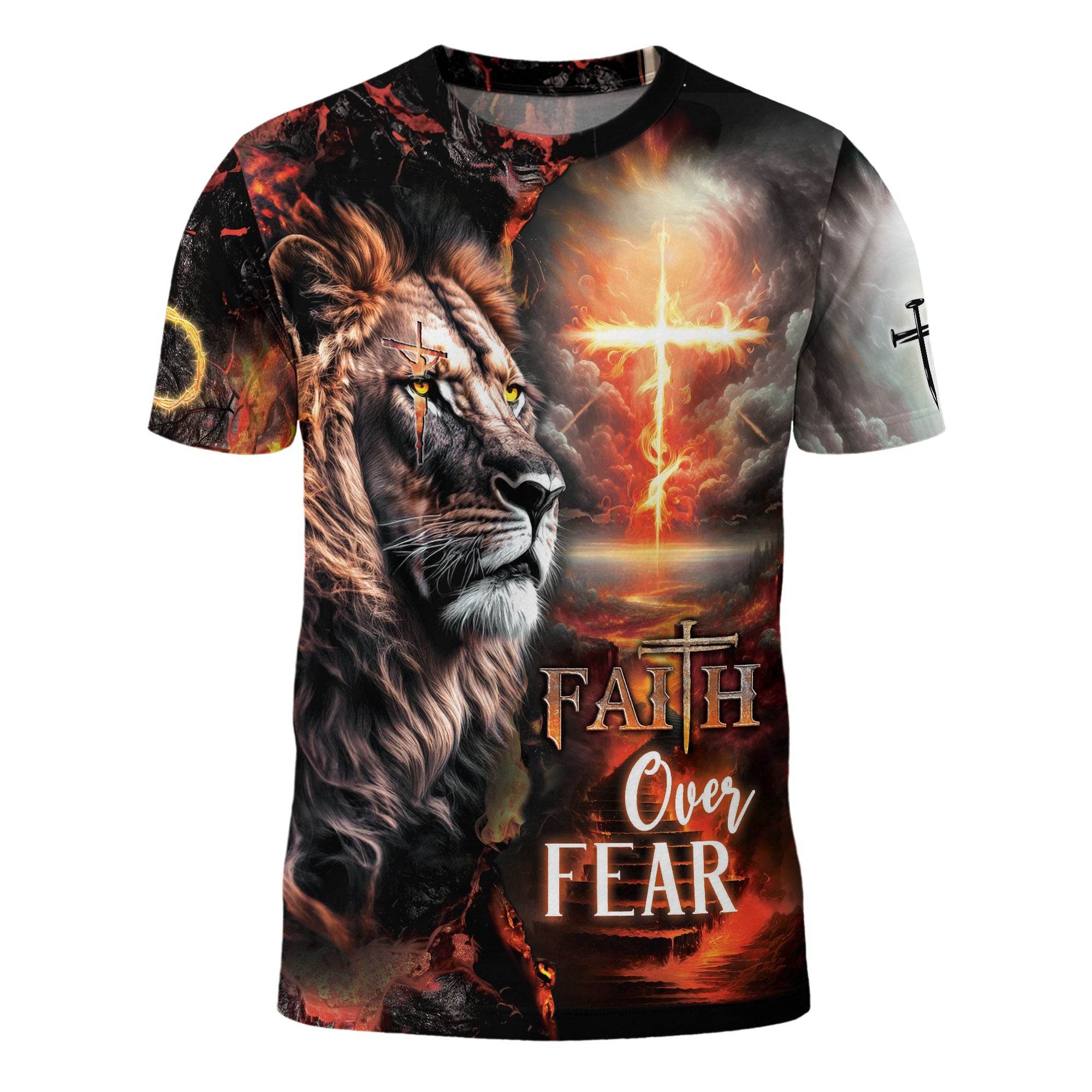 Lion & Fiery Cross Christian T-Shirt – Faith Over Fear Design - Rust Field Wear