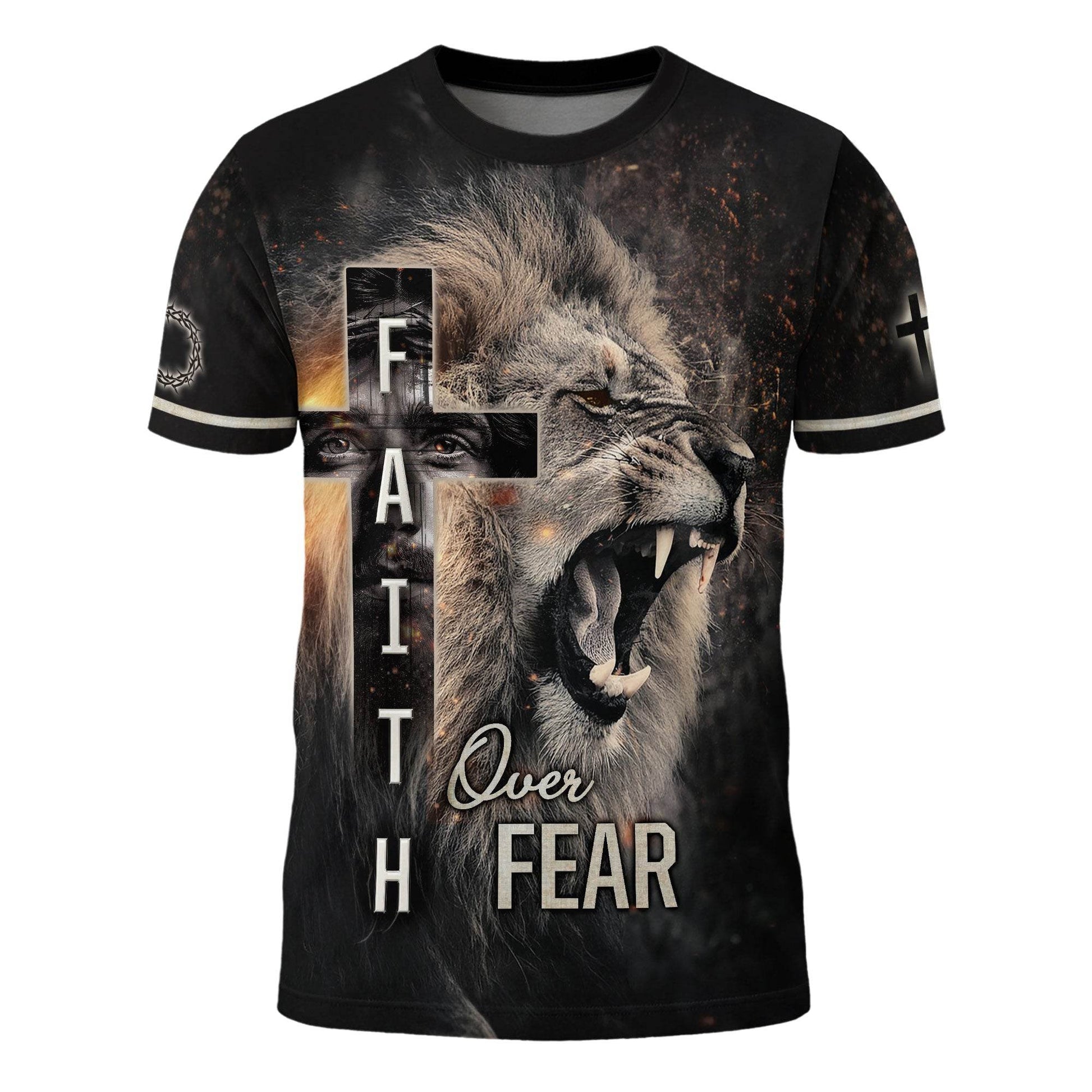 Roaring Lion & Cross Faith Over Fear Christian T-Shirt - Rust Field Wear