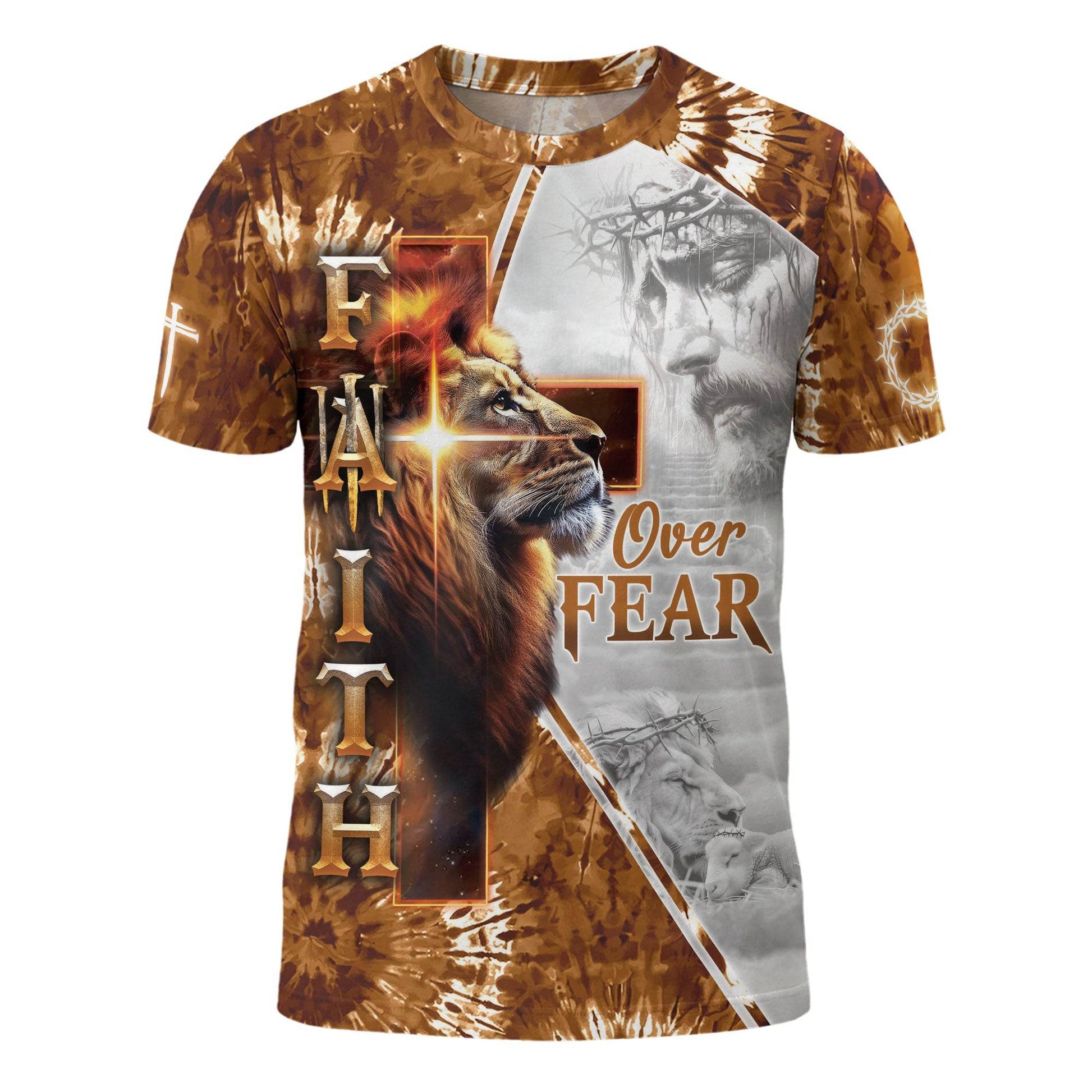 Faith Over Fear Lion & Jesus Cross Christian T-Shirt - Rust Field Wear
