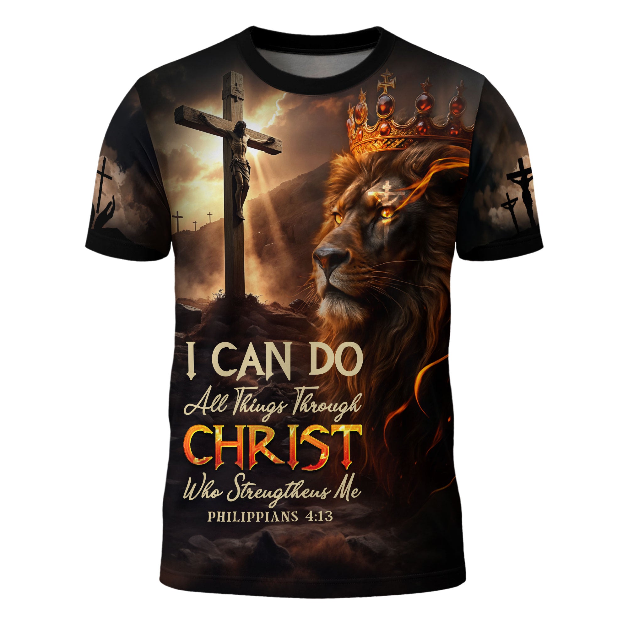 I Can Do All Things Through Christ Lion of Judah Cross Fire Christian T-Shirt