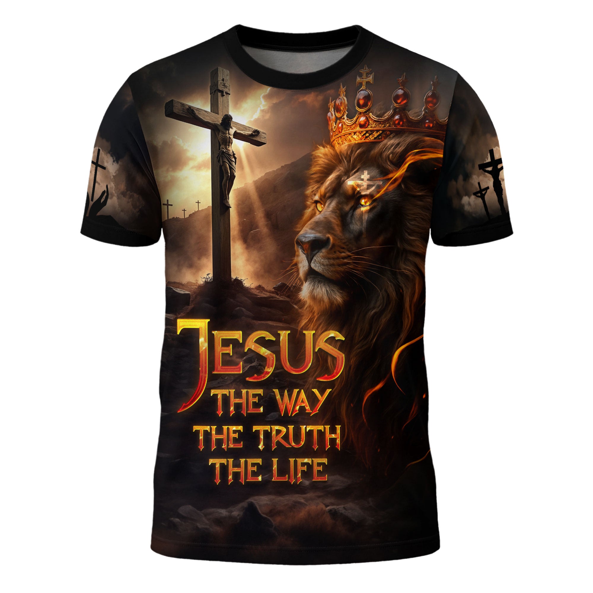 Jesus The Way The Truth The Life Lion of Judah Fire Cross Christian T-Shirt