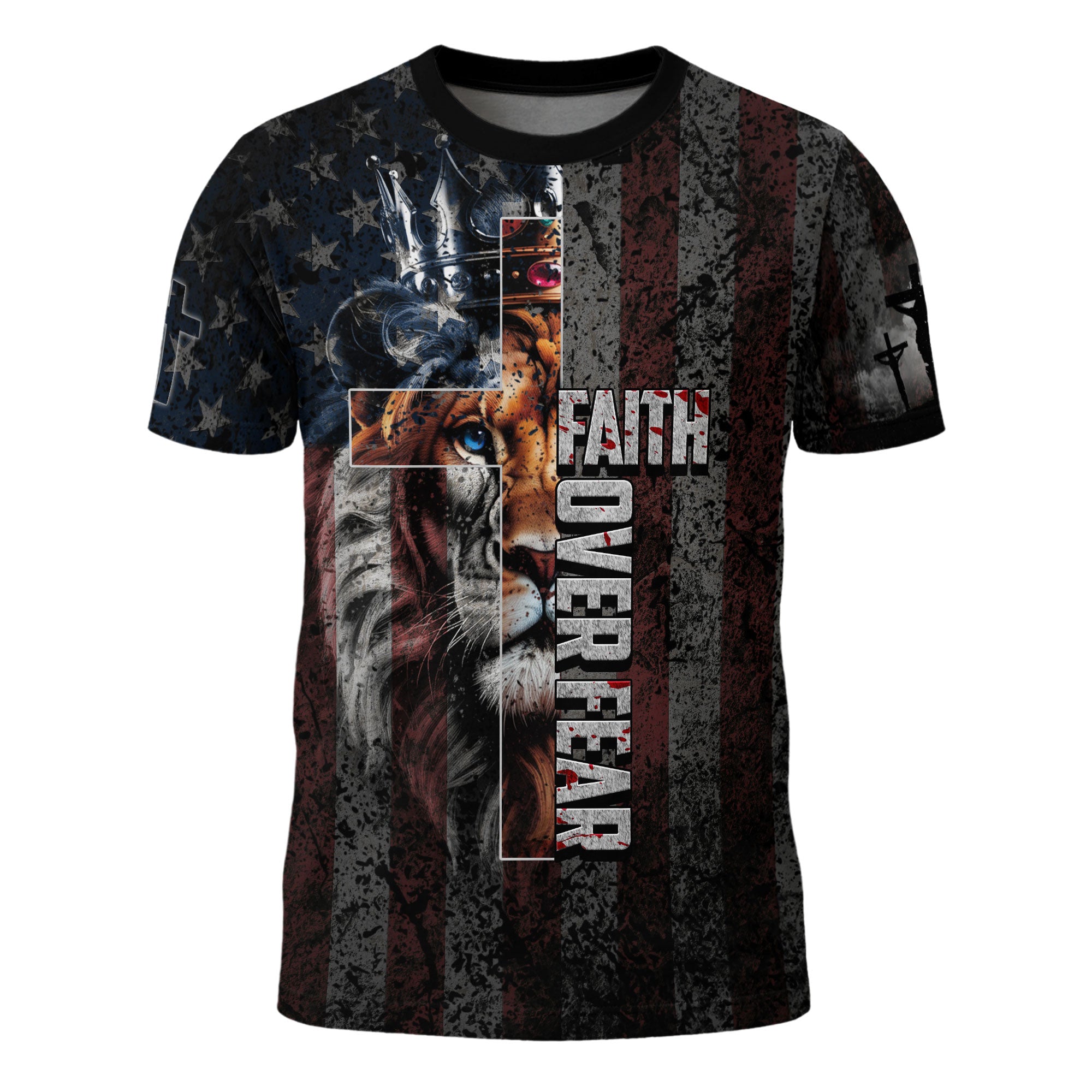 Faith Over Fear Jesus Crown Lion Of Judah American Flag Christian Warrior T-Shirt