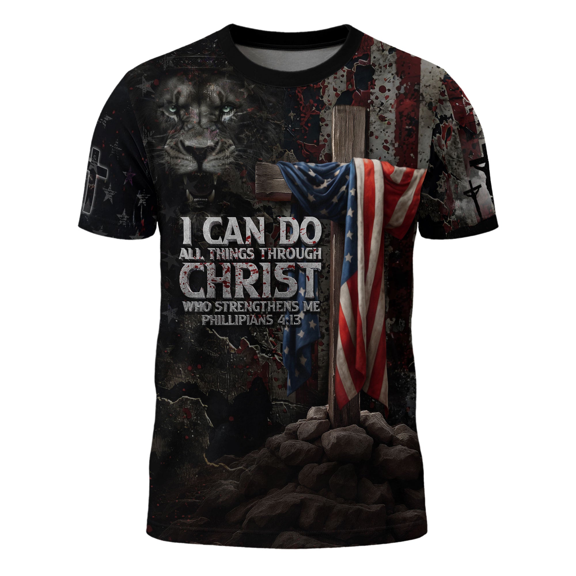 I Can Do All Things Through Christ American Flag Cross Jesus Lion Christian T-shirt