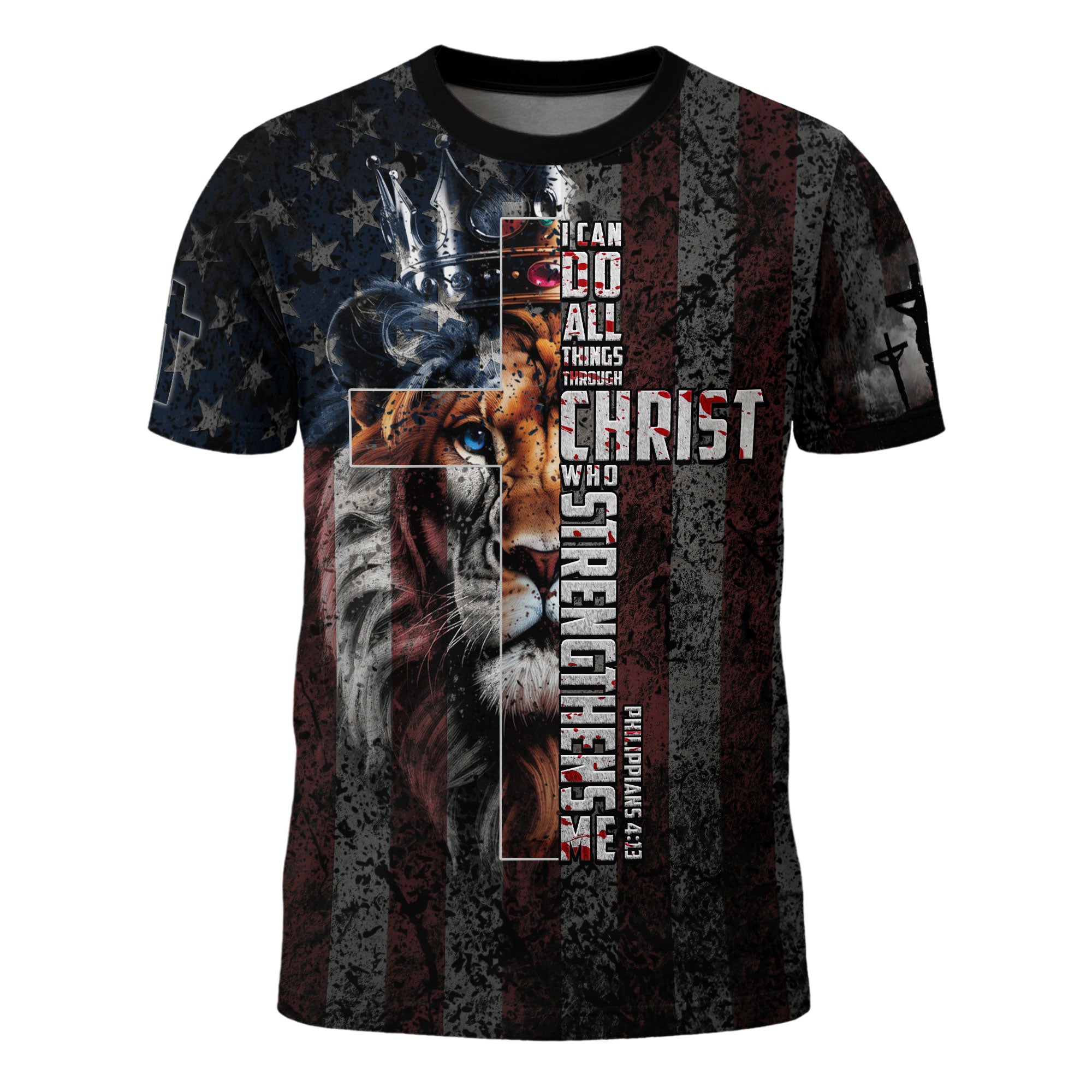 I Can Do All Things Through Christ American Flag Cross Lion Crown Christian T-Shirt