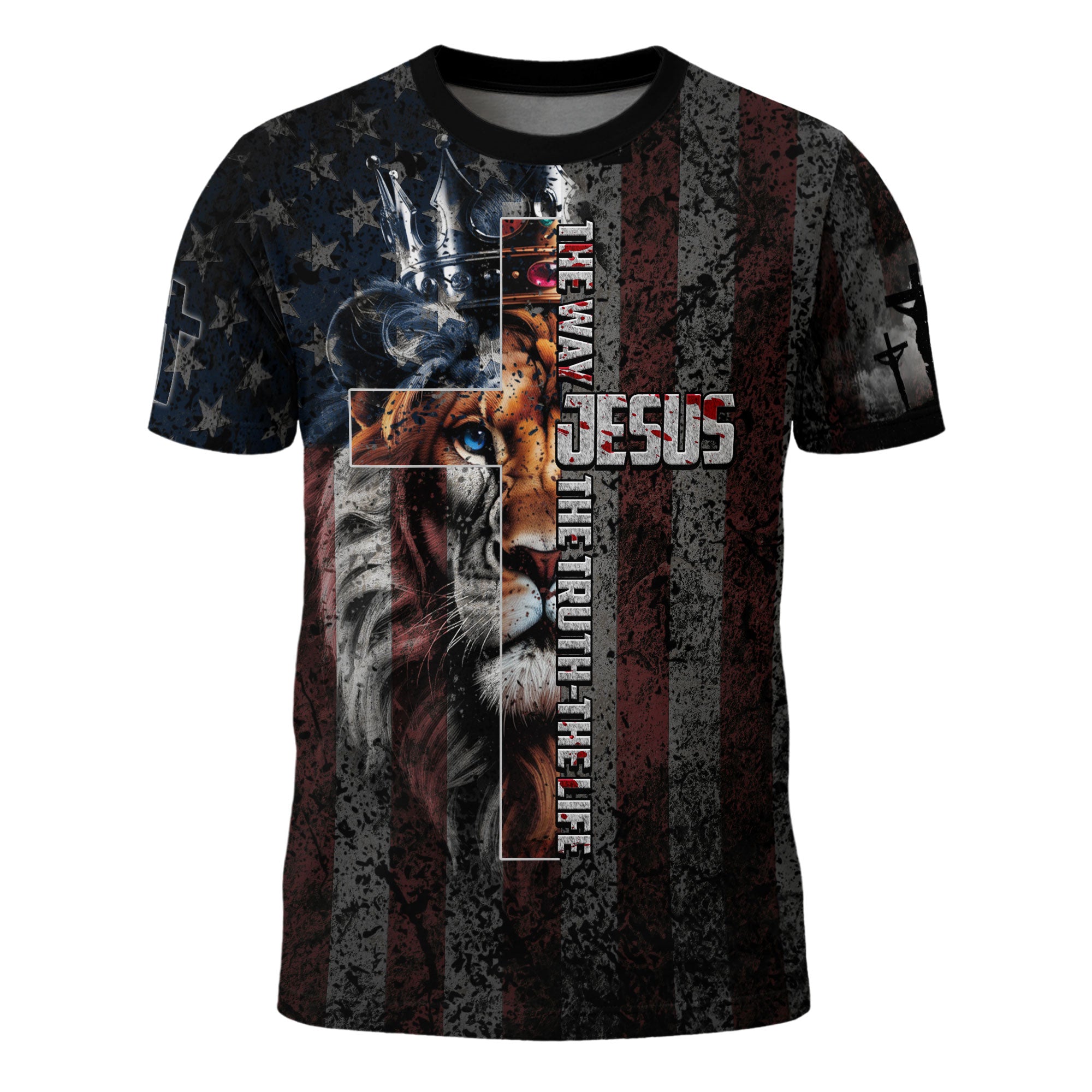 Jesus The Way The Truth The Life Lion Crown Cross American Flag Christian T-Shirt