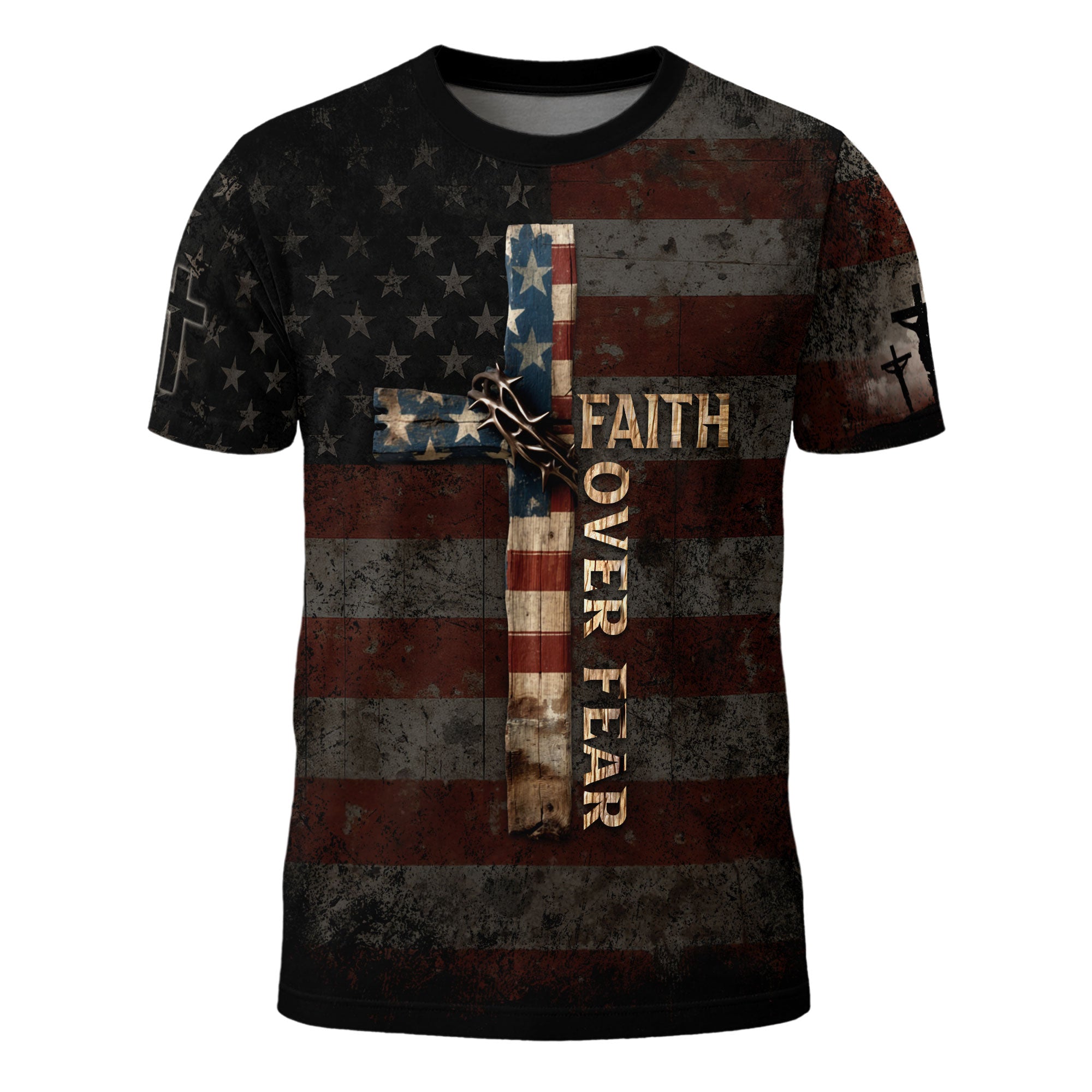 Faith Over Fear Cross American Flag Lion of Judah Jesus Christian T-Shirt