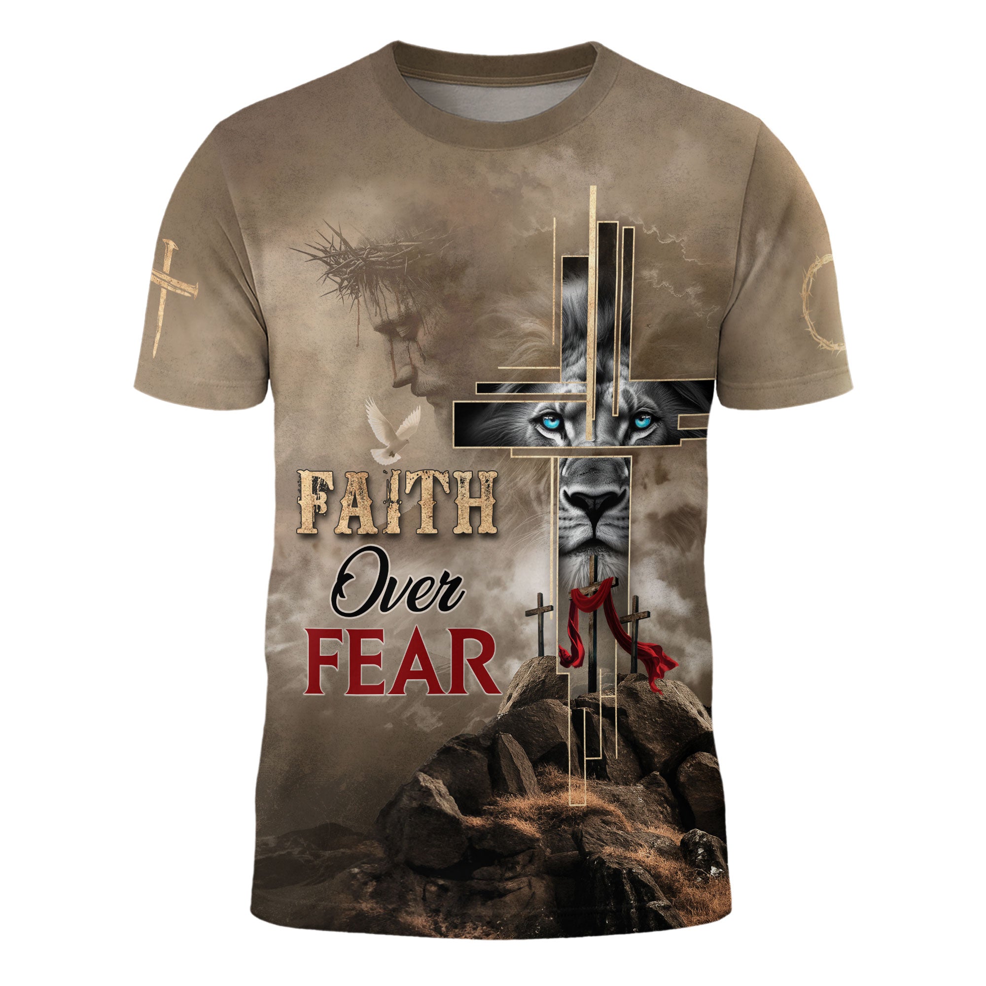 Faith Over Fear Christian T-Shirt Lion Cross Desert Light Design
