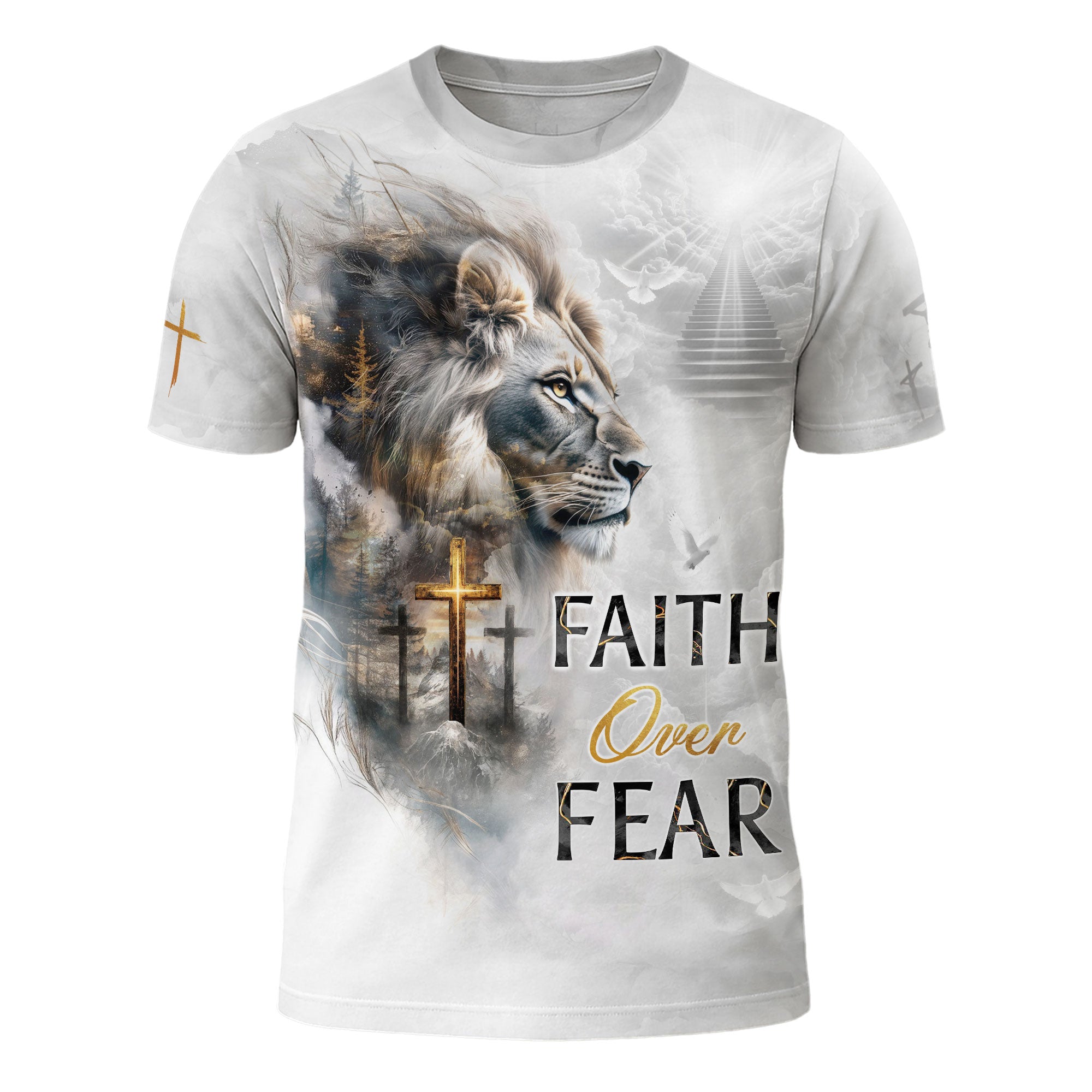 Faith Over Fear Christian T-Shirt Lion Cross White Heaven Design