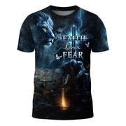 Faith Over Fear Christian T-Shirt Lion Cross Warrior Blue Night Design
