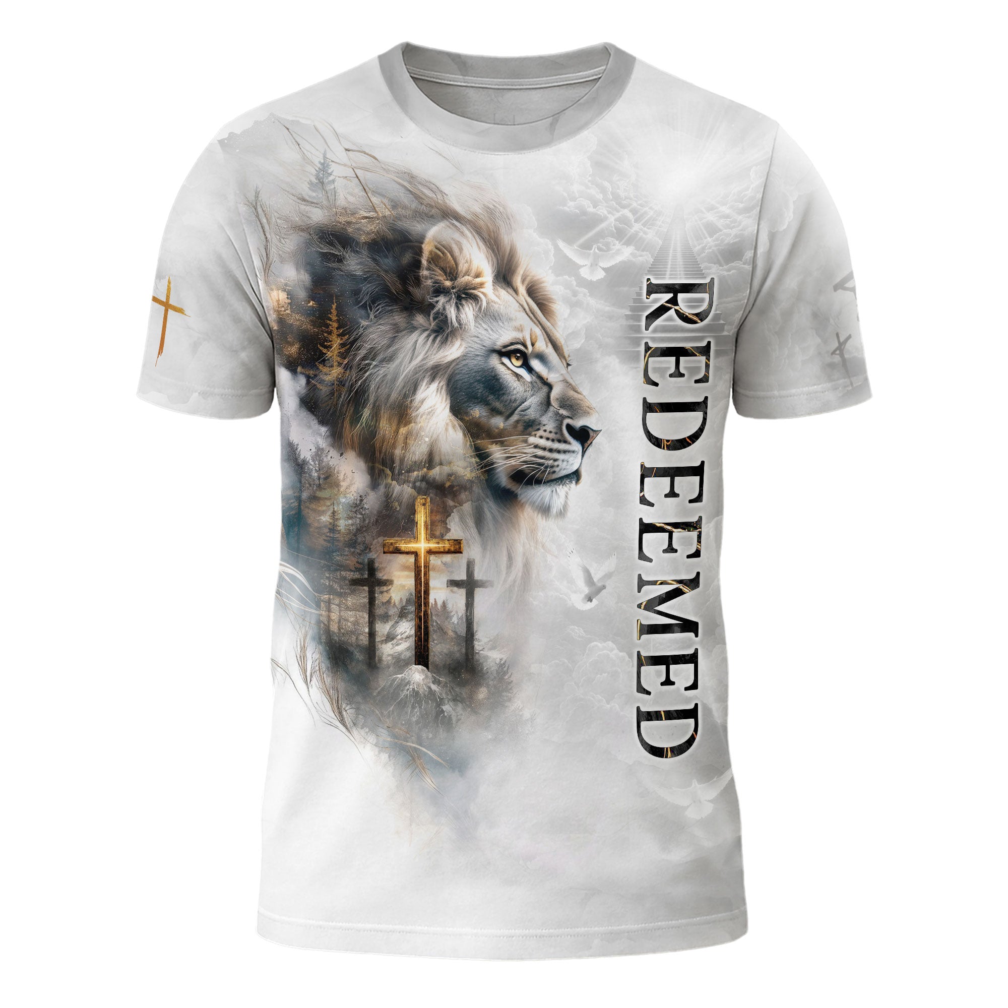 Redeemed Christian T-Shirt Lion Cross White Heaven Design