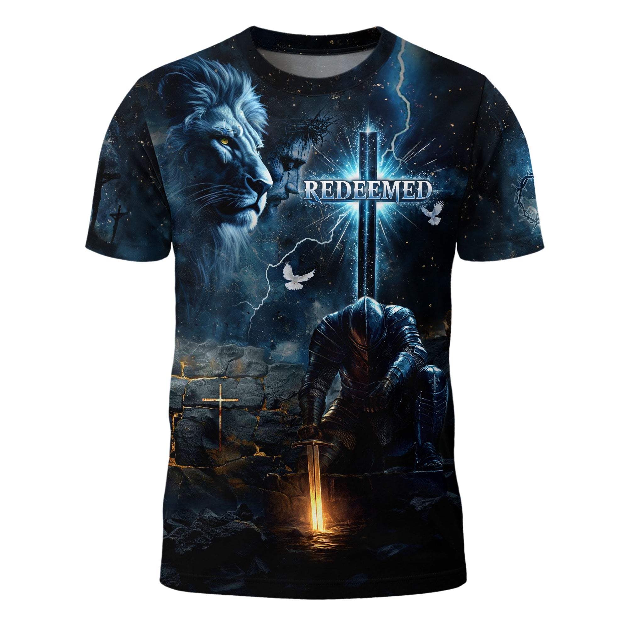 Redeemed Christian T-Shirt Lion Warrior Cross Blue Night Design