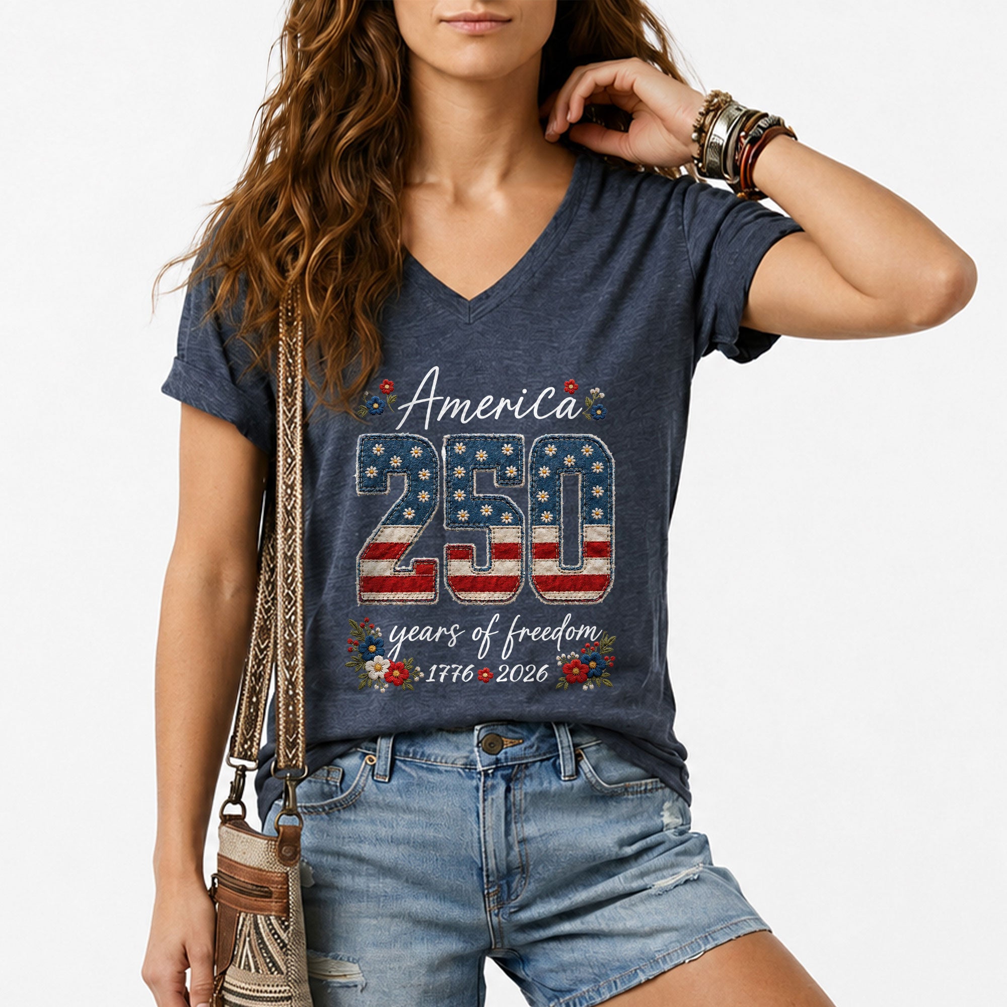 V-Neck 250 Years of Freedom Shirt - Patriotic 1776-2026 American Graphic Tee Women
