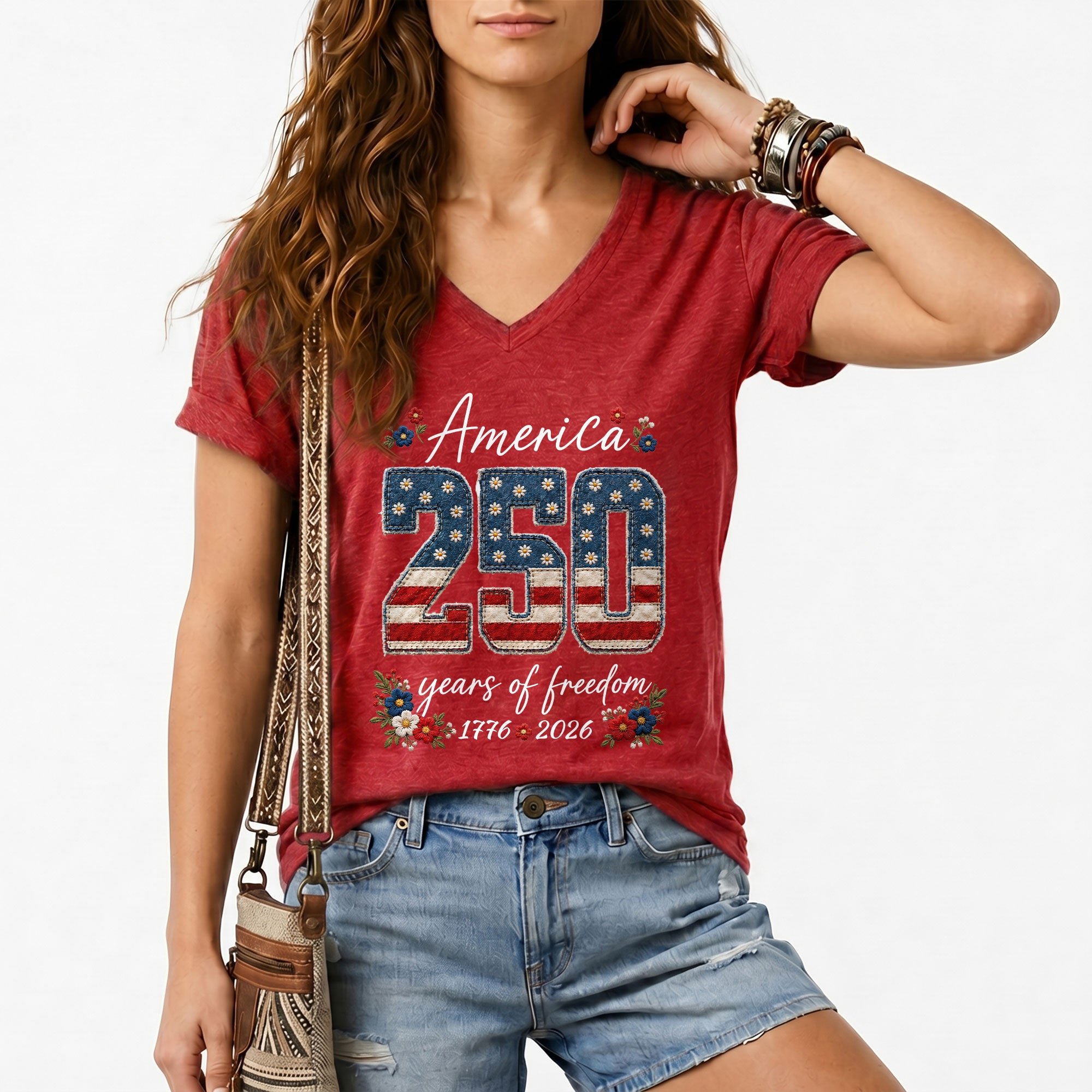 V-Neck 250 Years of Freedom Shirt - Patriotic 1776-2026 American Graphic Tee Women