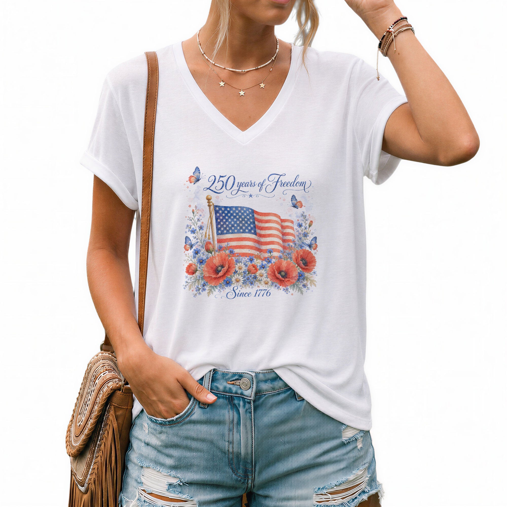American Flag Floral V-Neck Shirt - 250 Years of Freedom Patriotic Graphic Tee Women