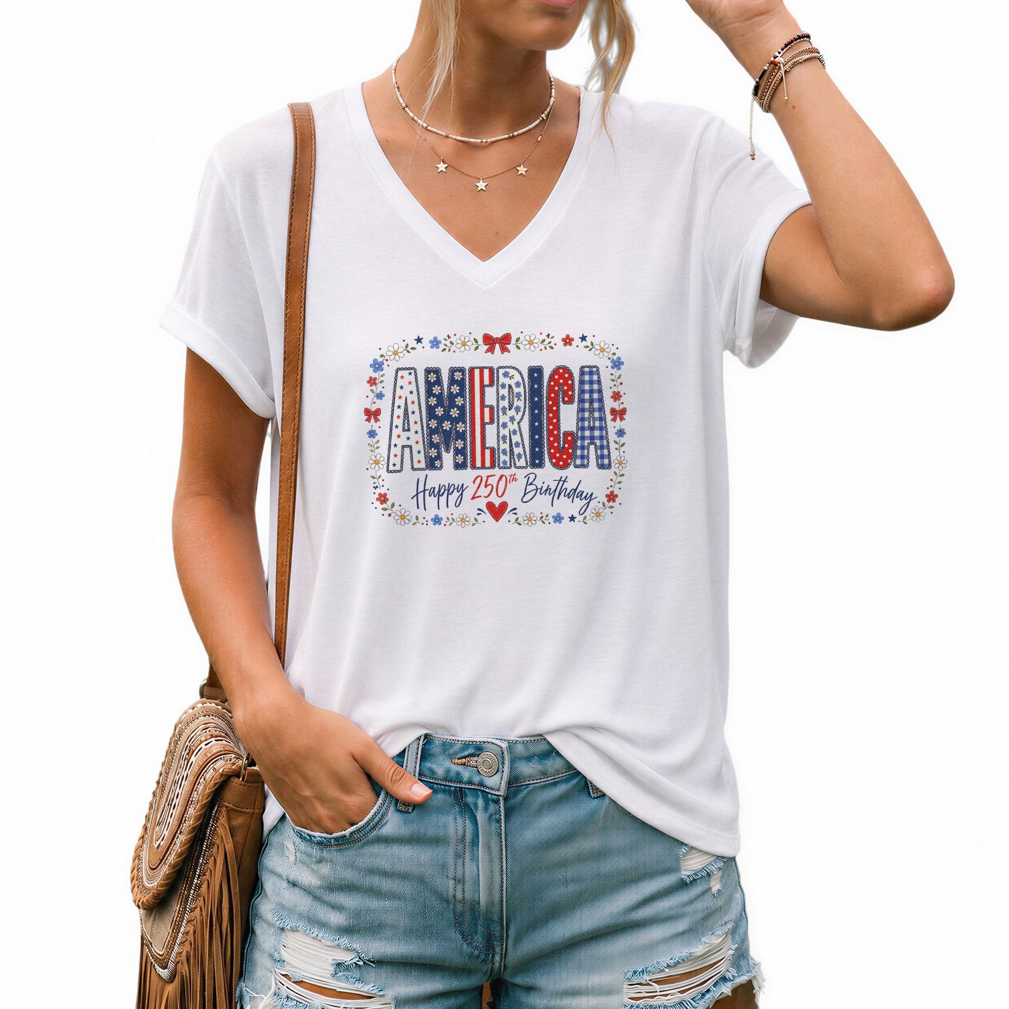 Happy 250th Birthday V-Neck Shirt - Patriotic American Flag Pattern Graphic Tee Women