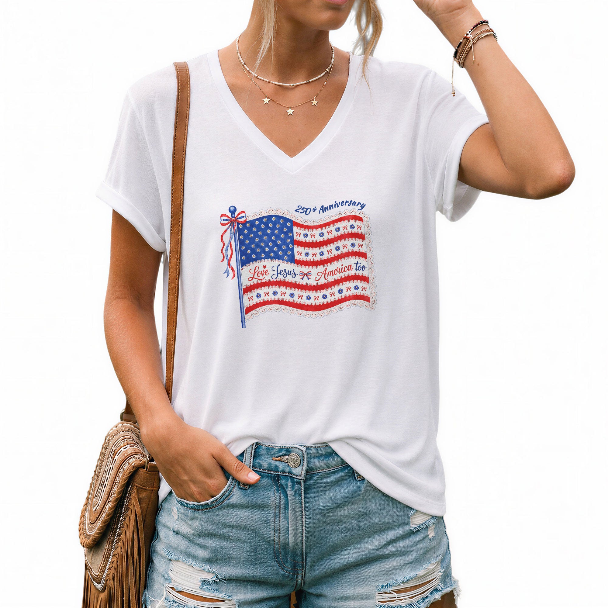 Love Jesus and America Too V-Neck Shirt - 250th Anniversary Patriotic Graphic Tee Women