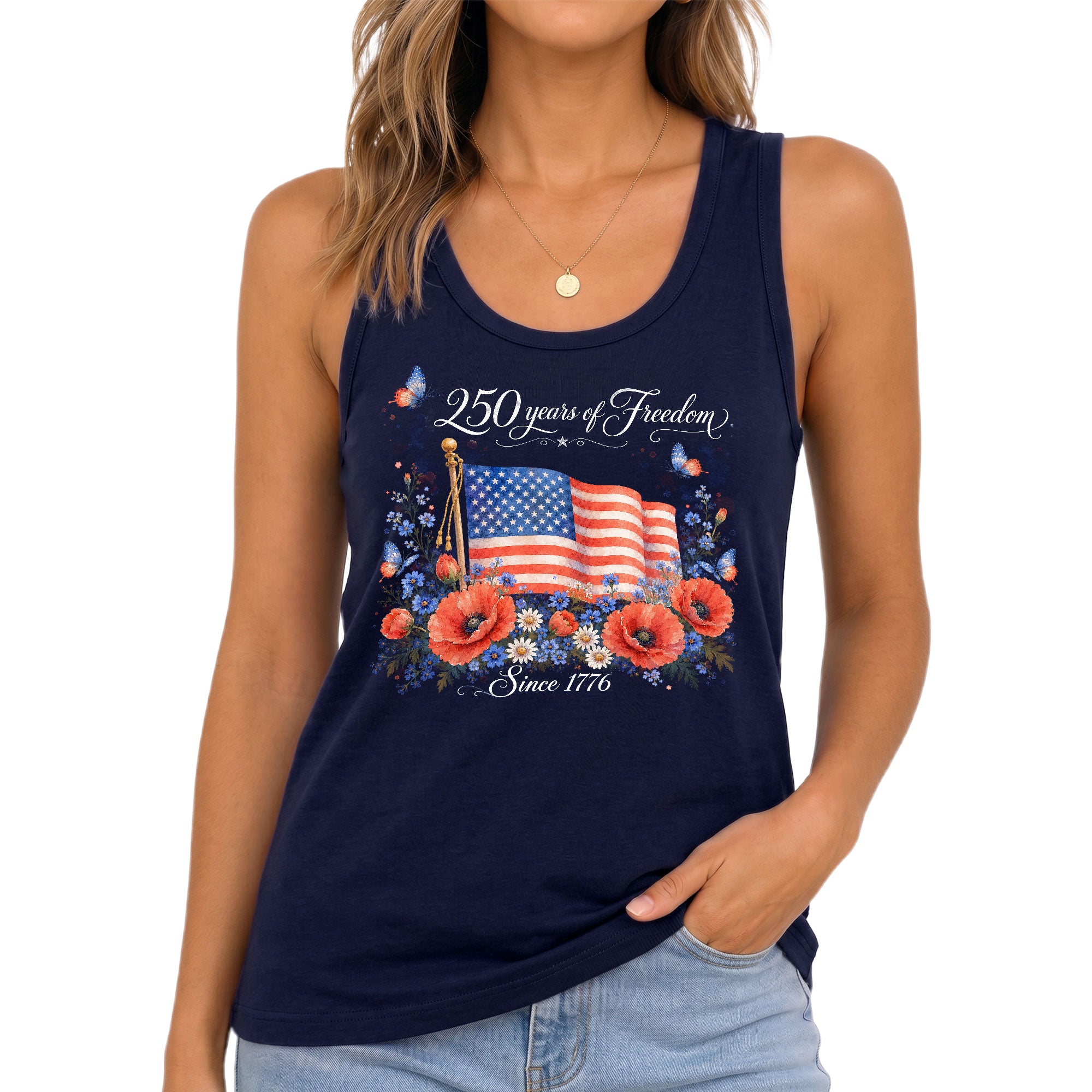 Women's Patriotic Tank Top 250 Years of Freedom Floral US Flag 1776 Graphic Shirt
