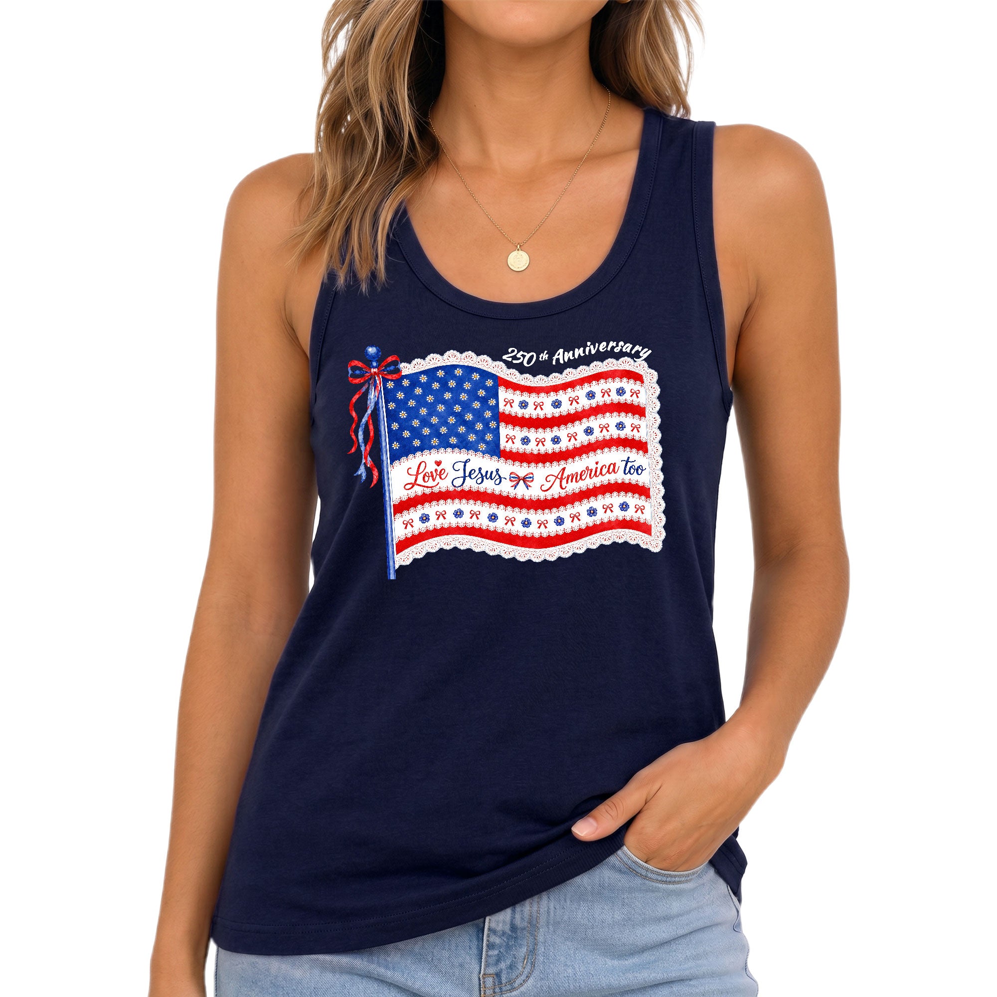 Women's Patriotic Tank Top "Love Jesus & America Too" 250th Anniversary Flag Shirt