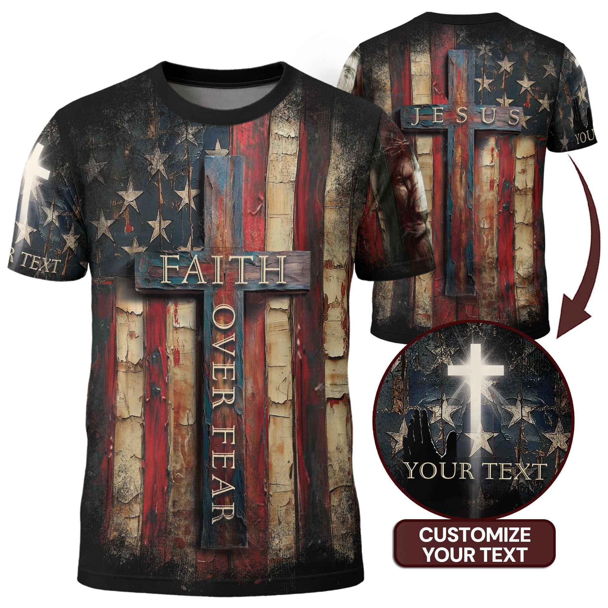 Custom Faith Over Fear Cross Shirt – Rustic American Flag Christian Tee