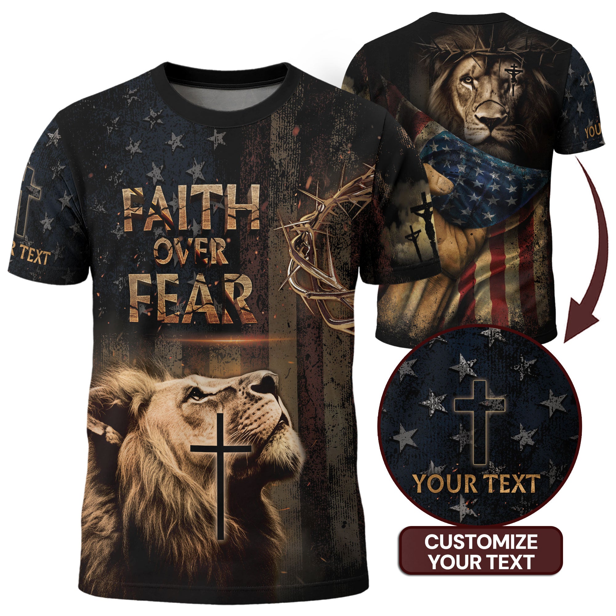Custom Faith Over Fear T-Shirt – Lion, Cross & Crown of Thorns Christian Tee