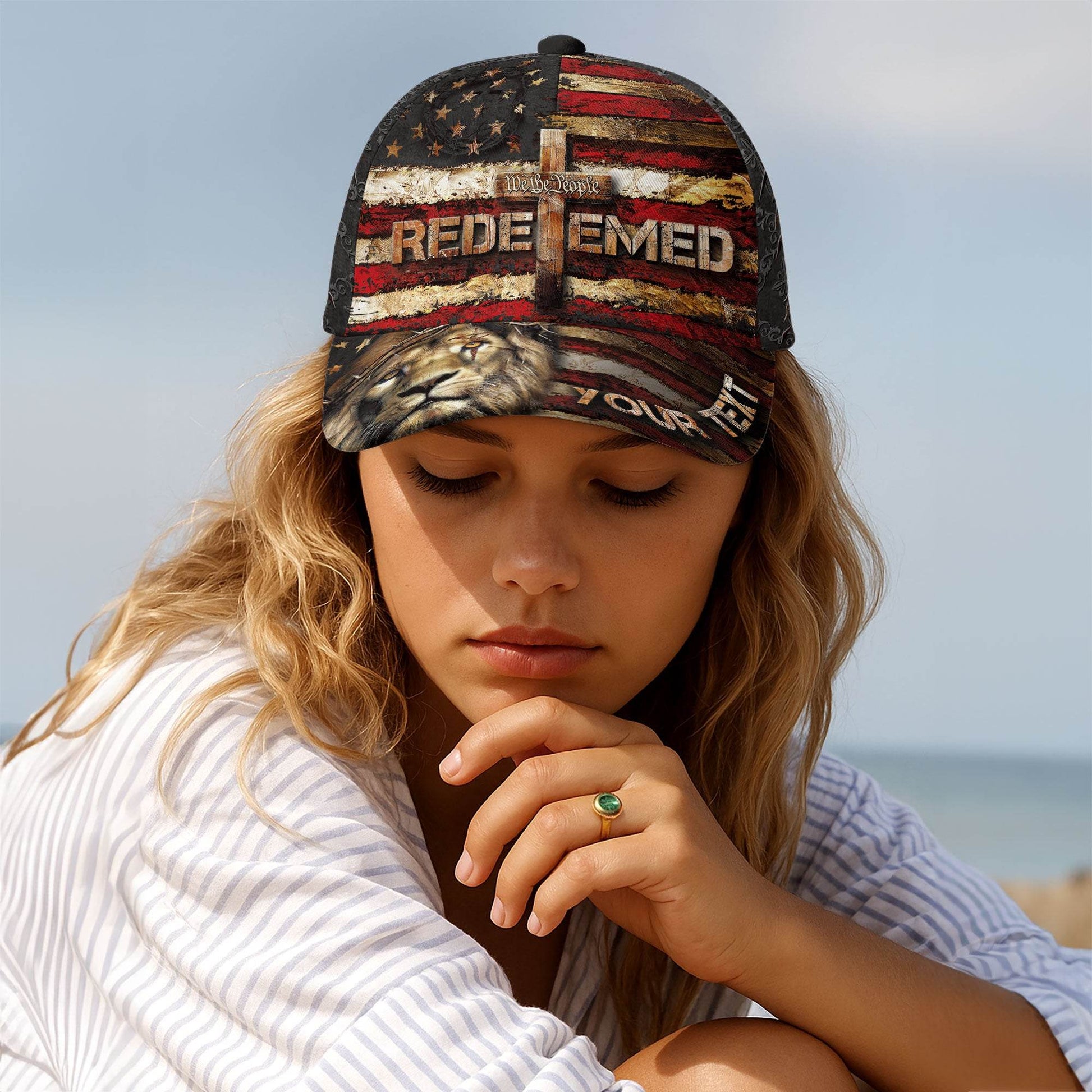 REDEEMED Custom American Flag Christian Cap – Lion of Judah & Cross Design - Rust Field Wear
