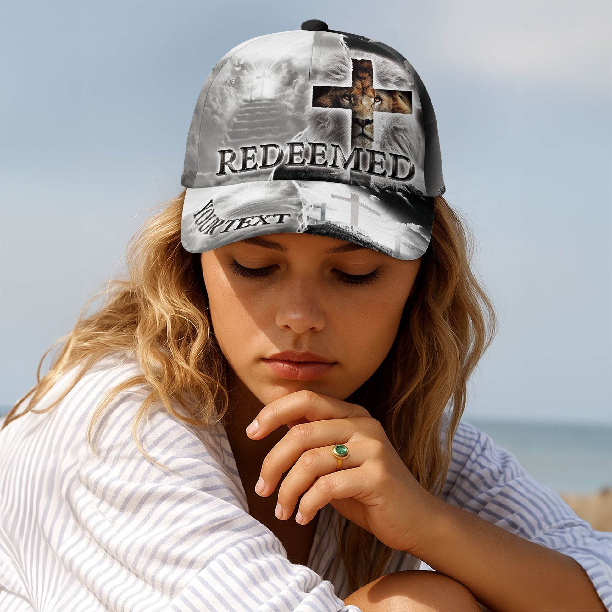 REDEEMED Custom White Cross & Lion Cap – Heaven’s Pathway Christian Hat - Rust Field Wear