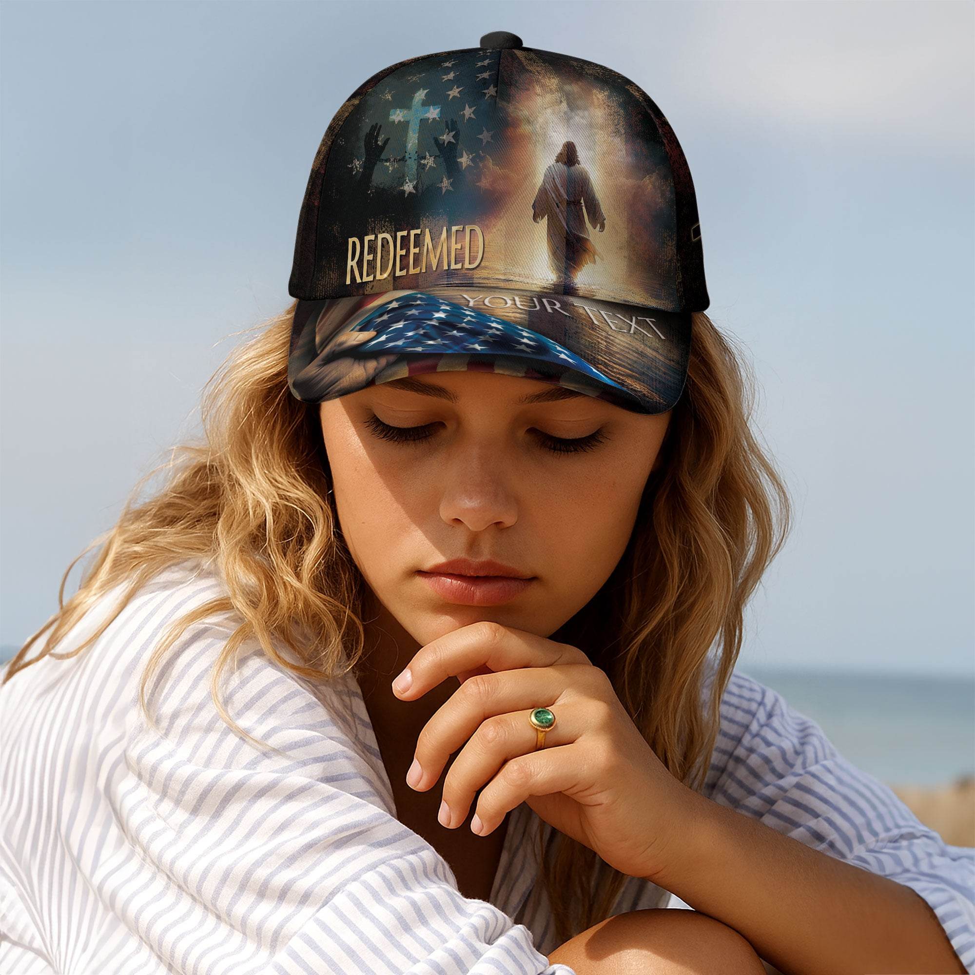 Redeemed in His Light – Christian Jesus Cross Custom Cap with American Flag - Rust Field Wear