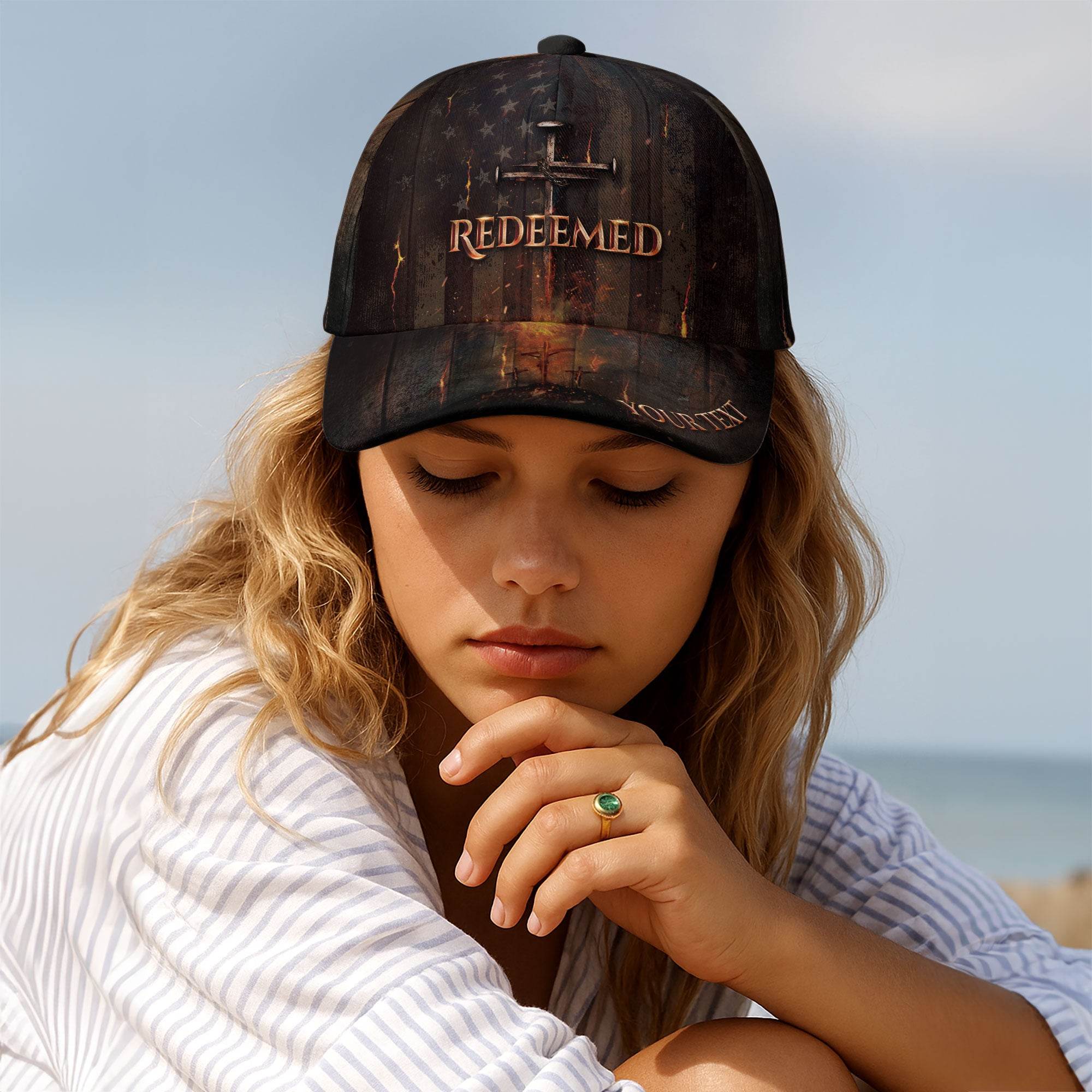 Redeemed by the Cross – Christian American Flag Customized Hat - Rust Field Wear