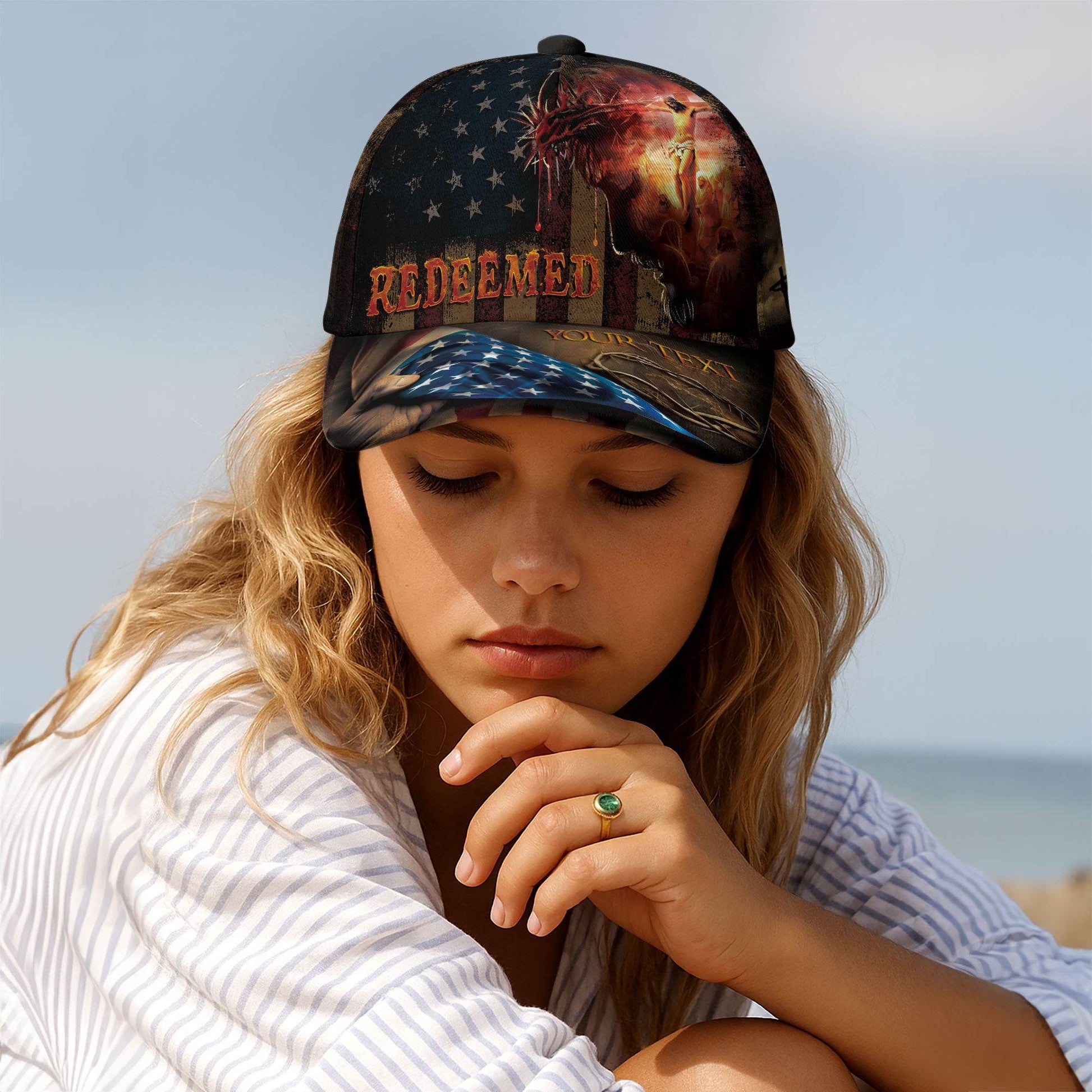 Redeemed by the Blood – Christian Flag Custom Cap with Cross & Christ Silhouette - Rust Field Wear