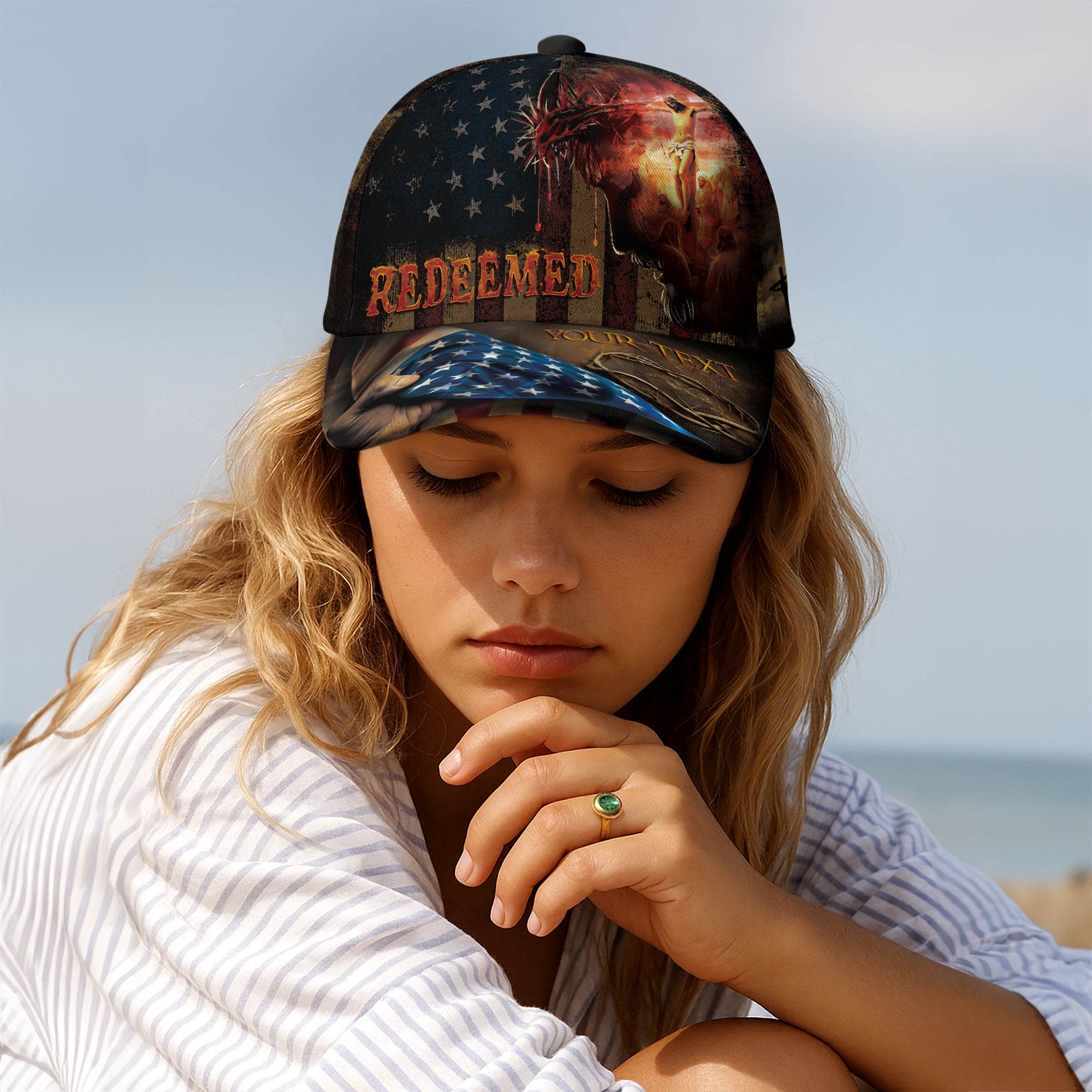Redeemed by the Blood – Christian Flag Custom Cap with Cross & Christ Silhouette - Rust Field Wear