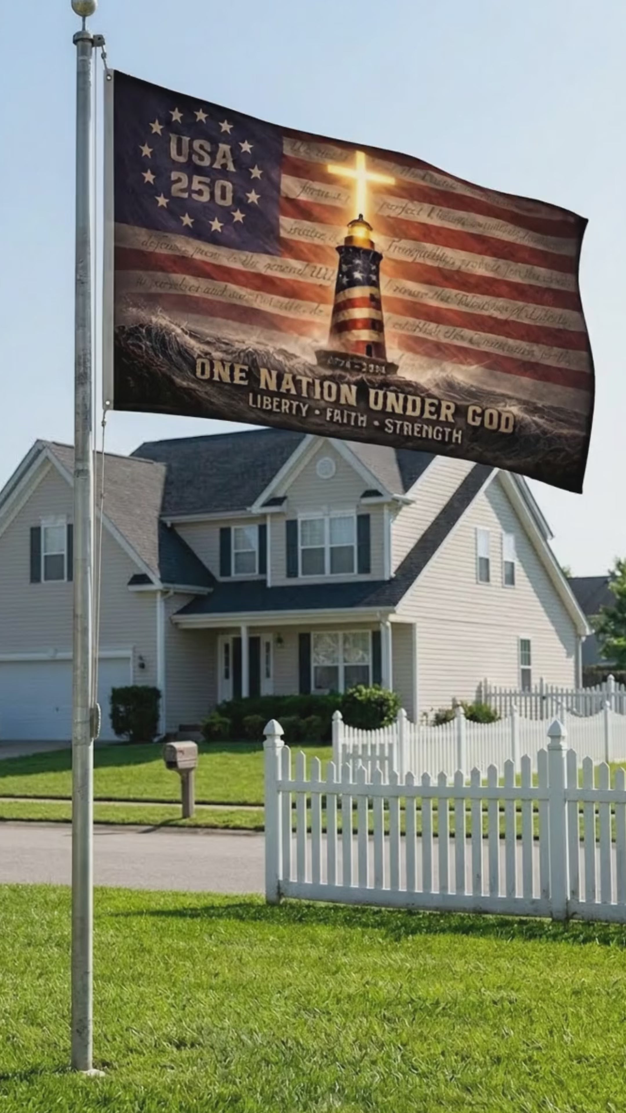 Load video: USA 250 Lighthouse Cross Flag – One Nation Under God Christian Patriotic Outdoor Flag 1776–2026