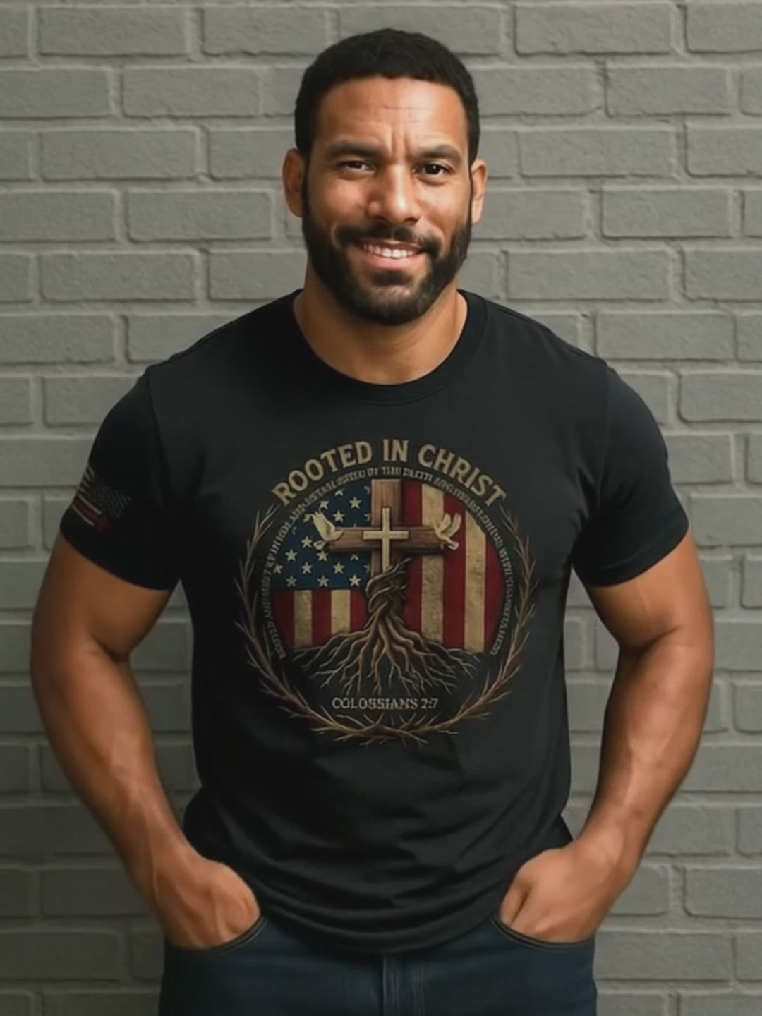 Load video: Rooted in Christ – Colossians 2:7 American Flag Faith T-shirt